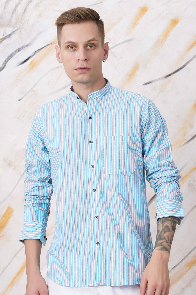 BLIZZARD BLUE AND WHITE STRIPED LUXURIOUS LINEN SHIRT