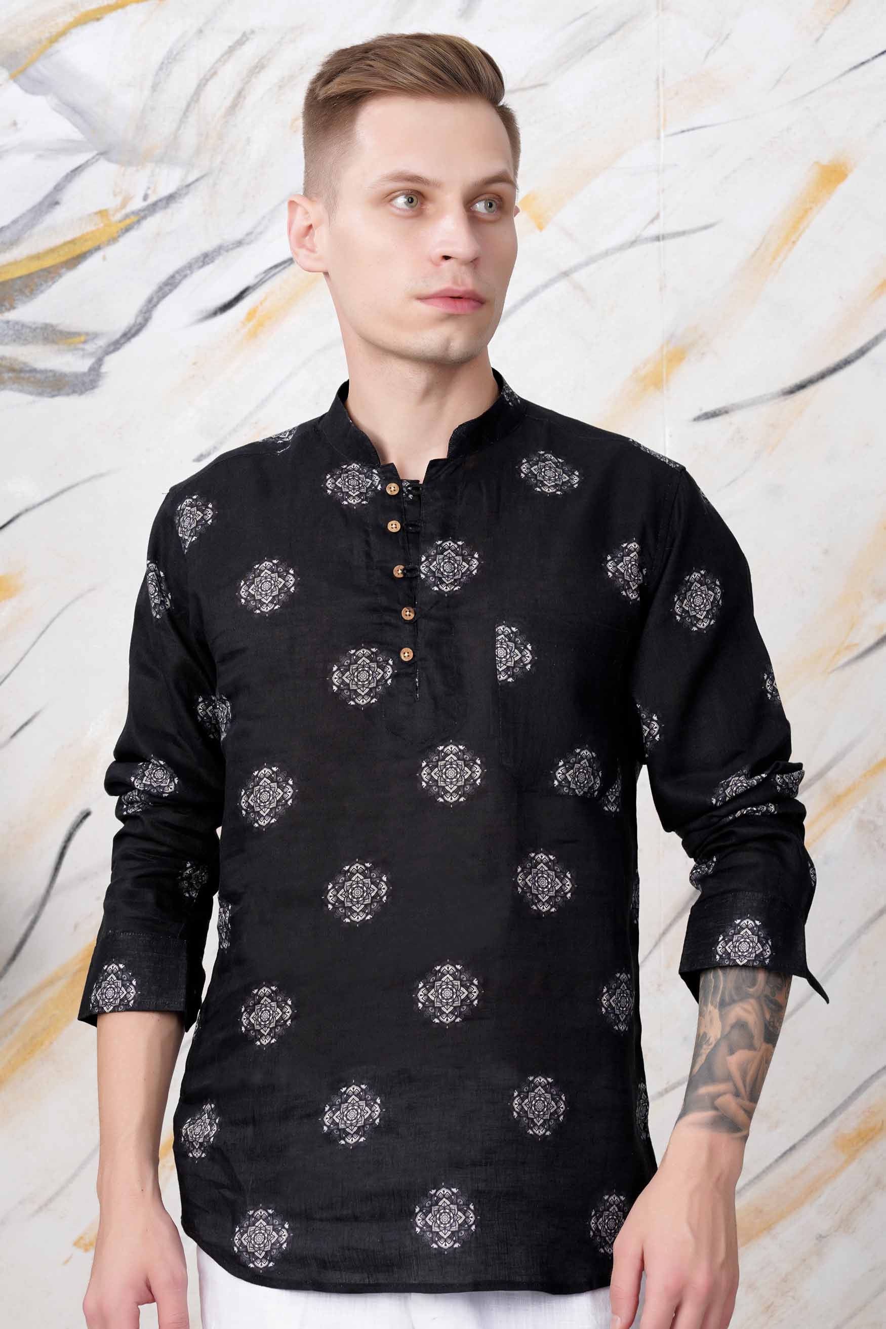 Jade Black and White Floral Printed Luxurious Linen Kurta Shirt 11487-KS-38, 11487-KS-H-38, 11487-KS-39, 11487-KS-H-39, 11487-KS-40, 11487-KS-H-40, 11487-KS-42, 11487-KS-H-42, 11487-KS-44, 11487-KS-H-44, 11487-KS-46, 11487-KS-H-46, 11487-KS-48, 11487-KS-H-48, 11487-KS-50, 11487-KS-H-50, 11487-KS-52, 11487-KS-H-52