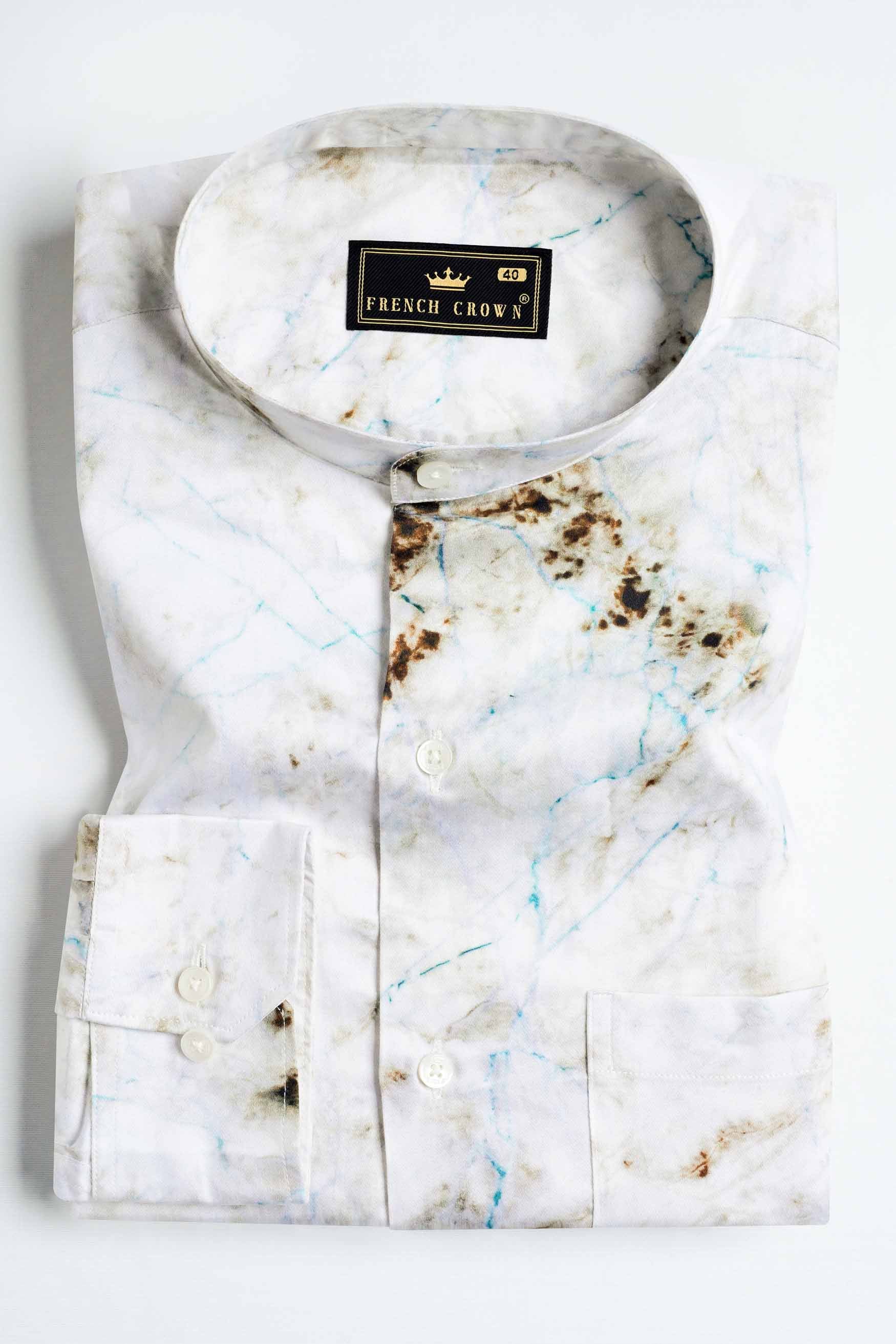 Bright White with Bistre Brown and Hoki Blue Tie Dye Printed Subtle Sheen Super Soft Premium Cotton Shirt