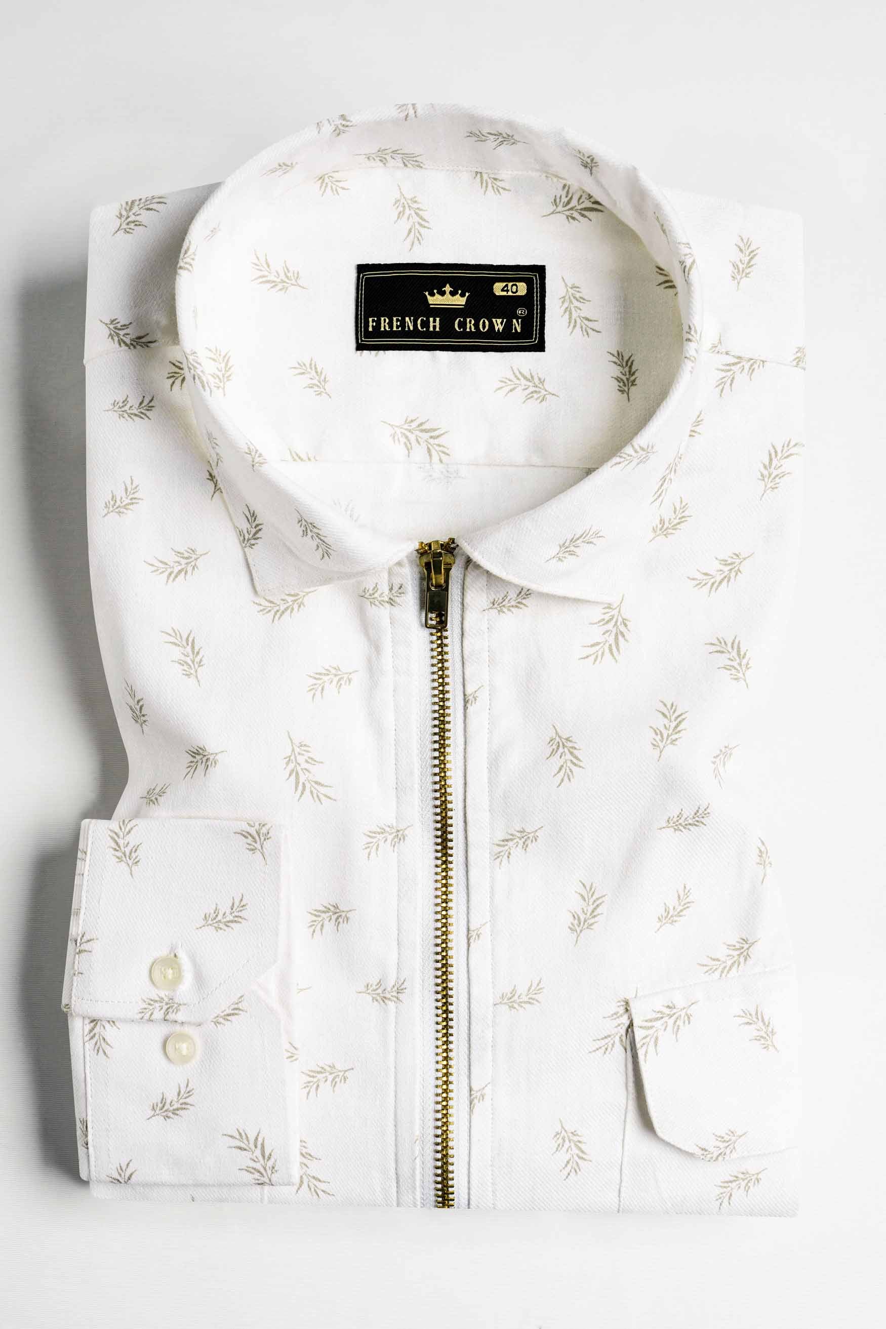Bright White Leaves Printed Royal Oxford Designer Shirt with Zipper Closure