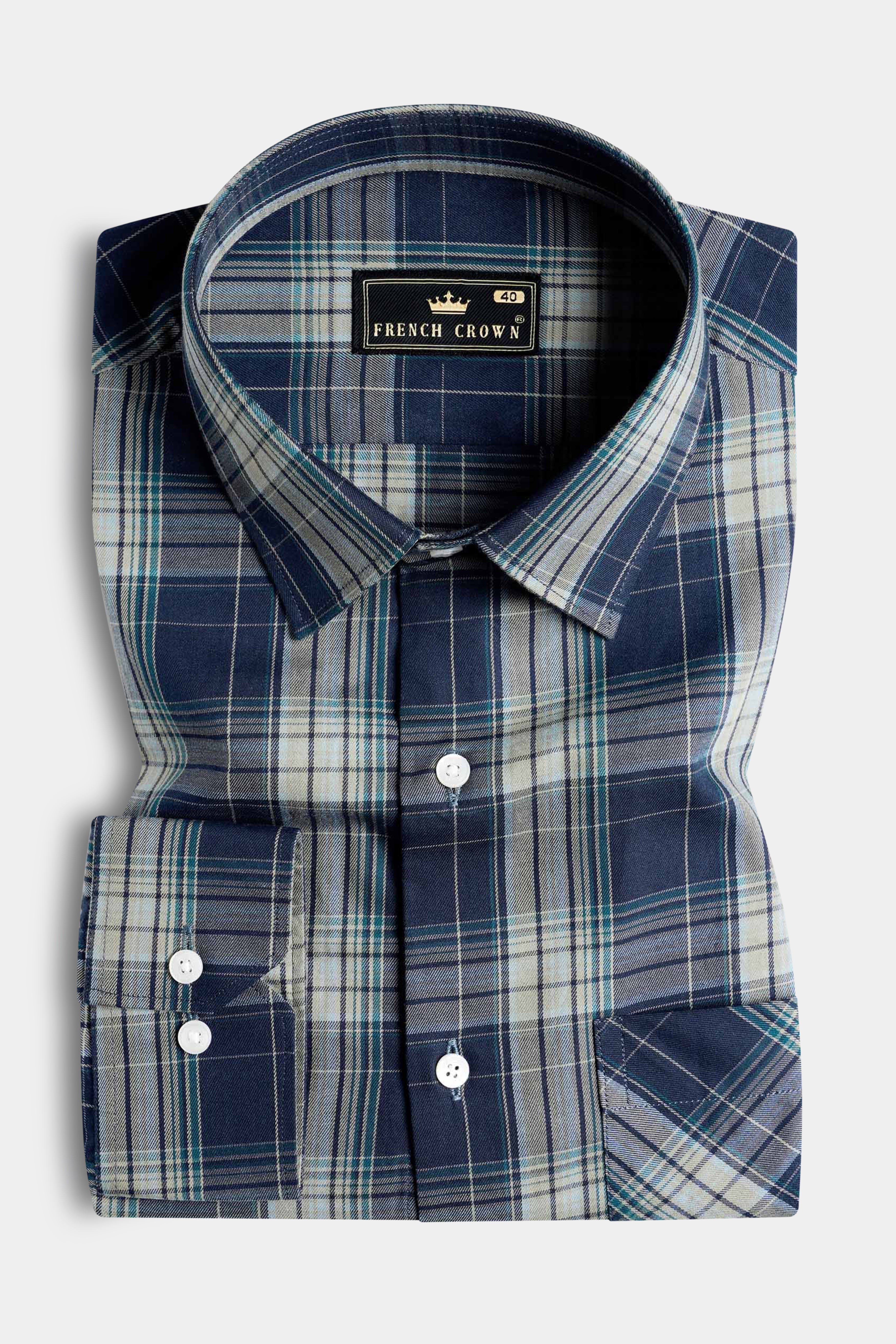 Cloud Burst Blue and Casal Green Twill Plaid Premium Cotton Shirt