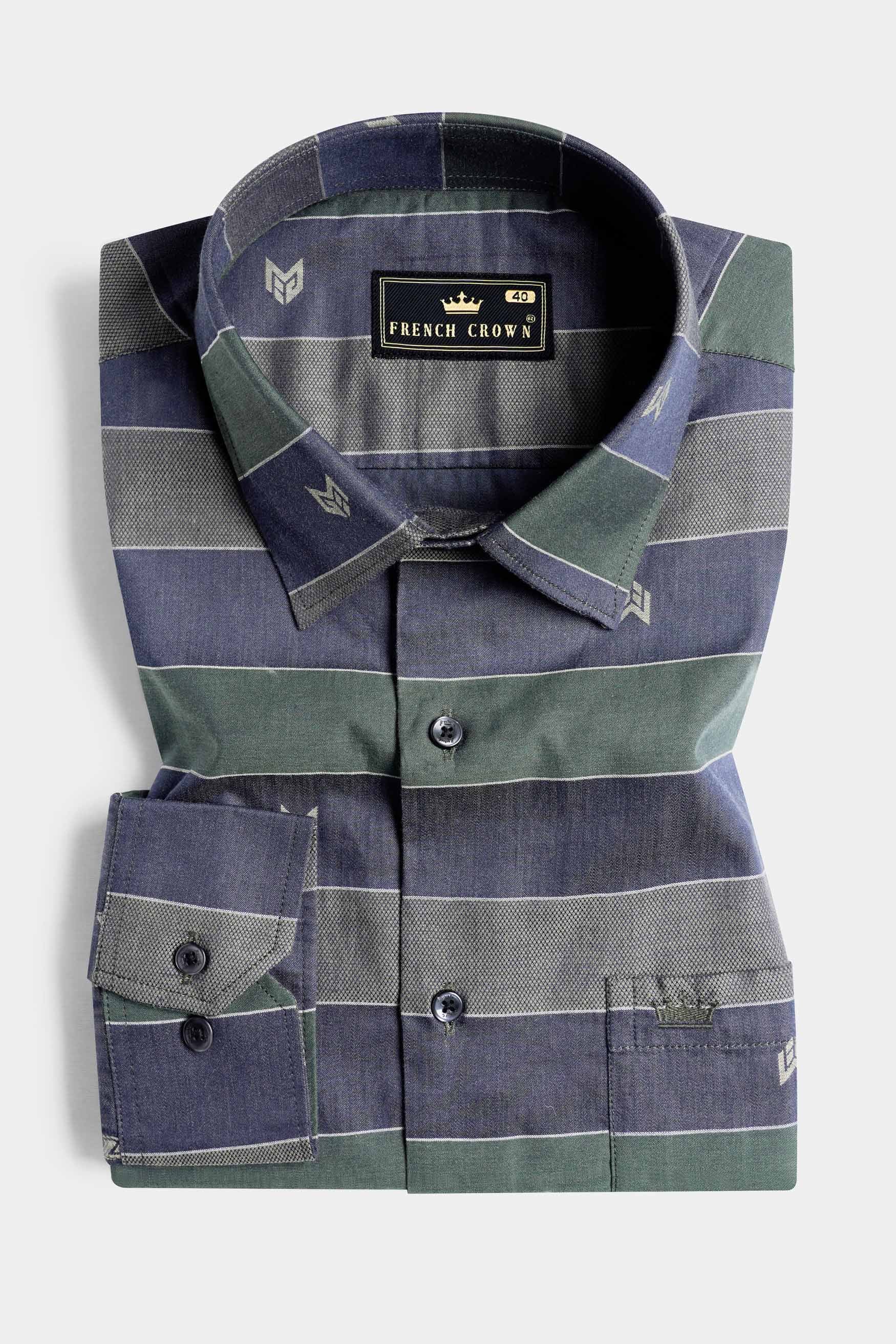 Schooner Brown with Nandor Green and Ebony Clay Blue Jacquard Textured Premium Giza Cotton Shirt