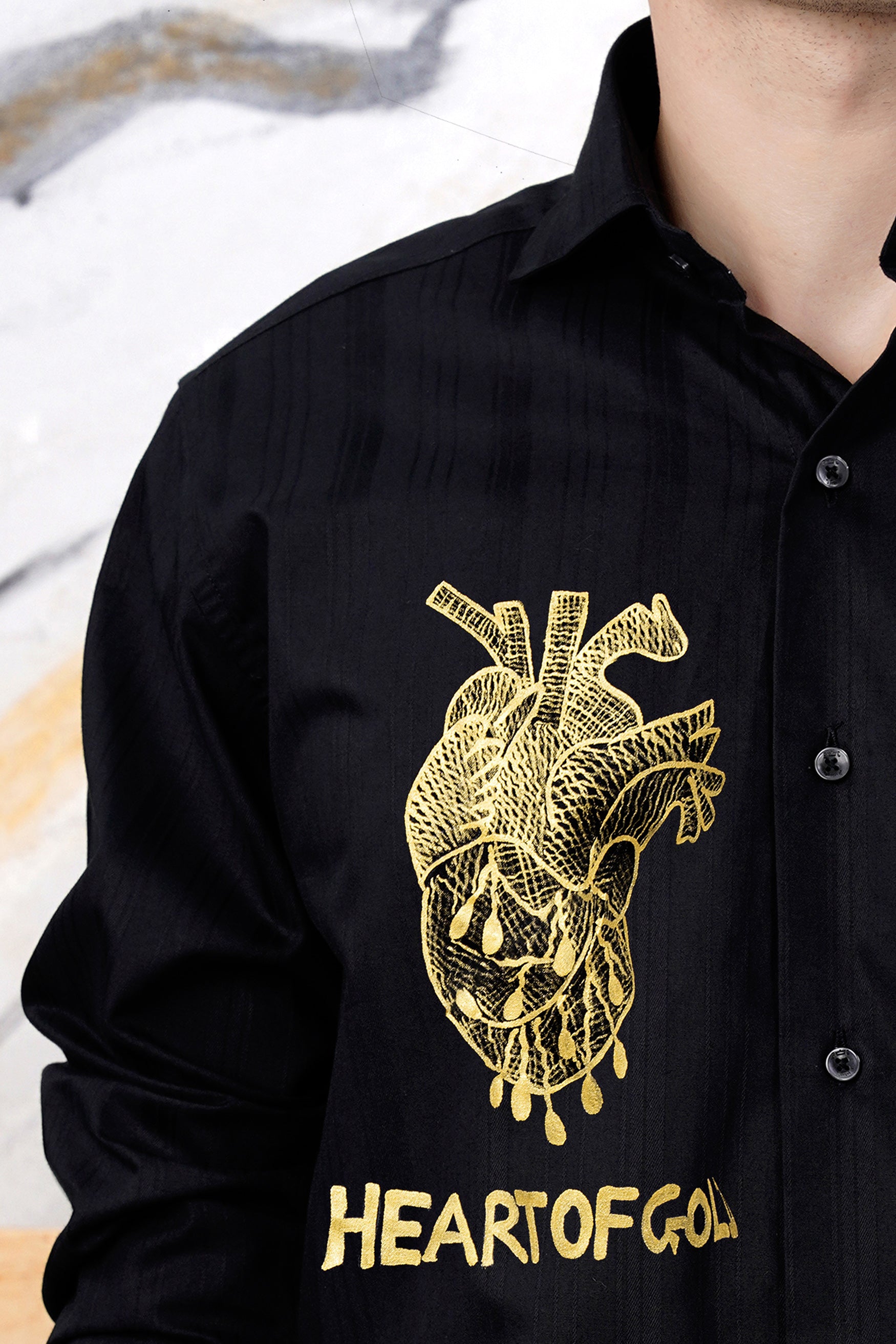 Jade Black With Hand Painted Heart of Gold Dobby Textured Premium Giza Cotton Shirt