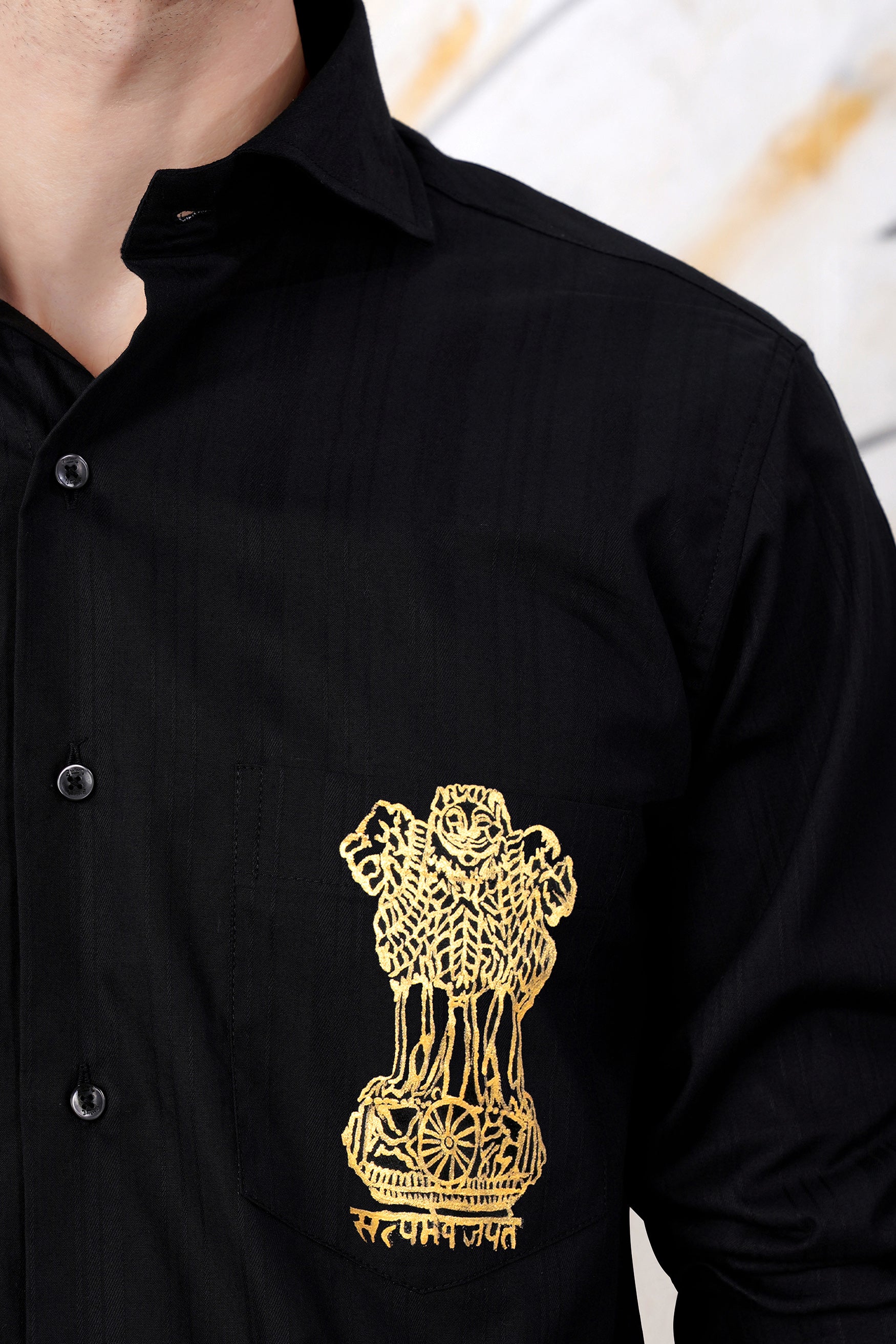 Jade Black Indian National Emblem Hand Painted Dobby Textured Premium Giza Cotton Shirt