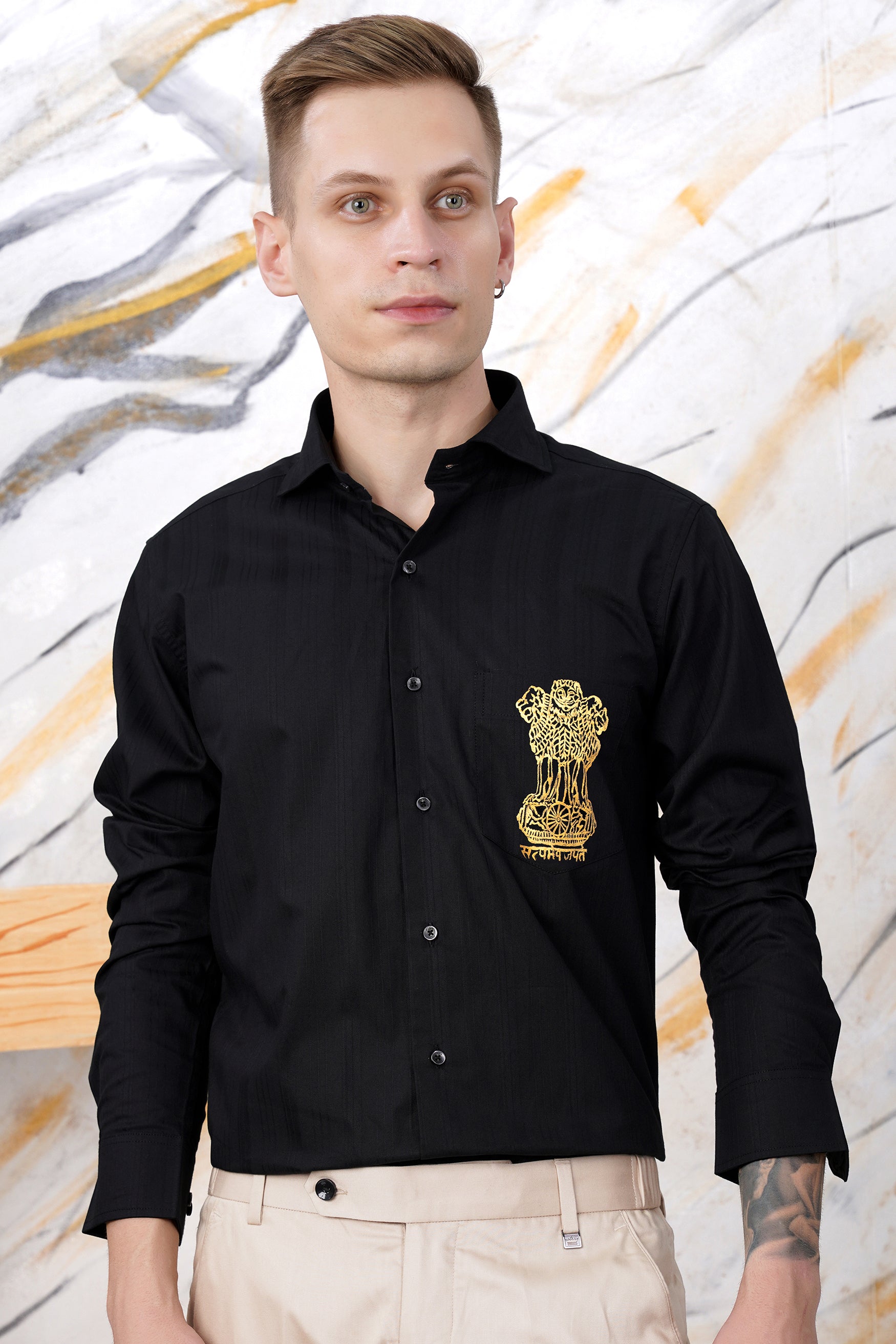 Jade Black Indian National Emblem Hand Painted Dobby Textured Premium Giza Cotton Shirt