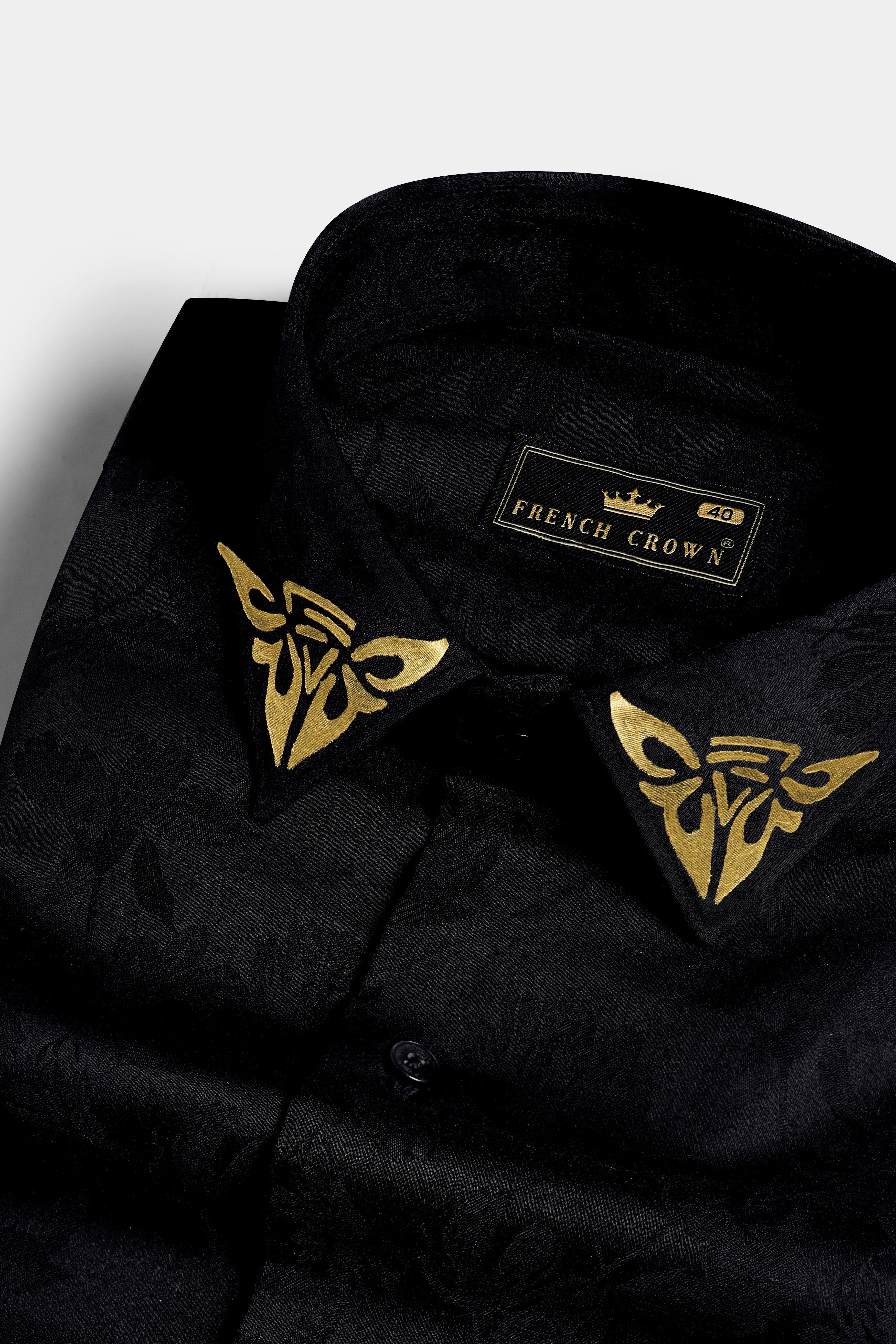 Jade Black with Hand Painted with Flower Jacquard Textured Premium Giza Cotton Shirt
