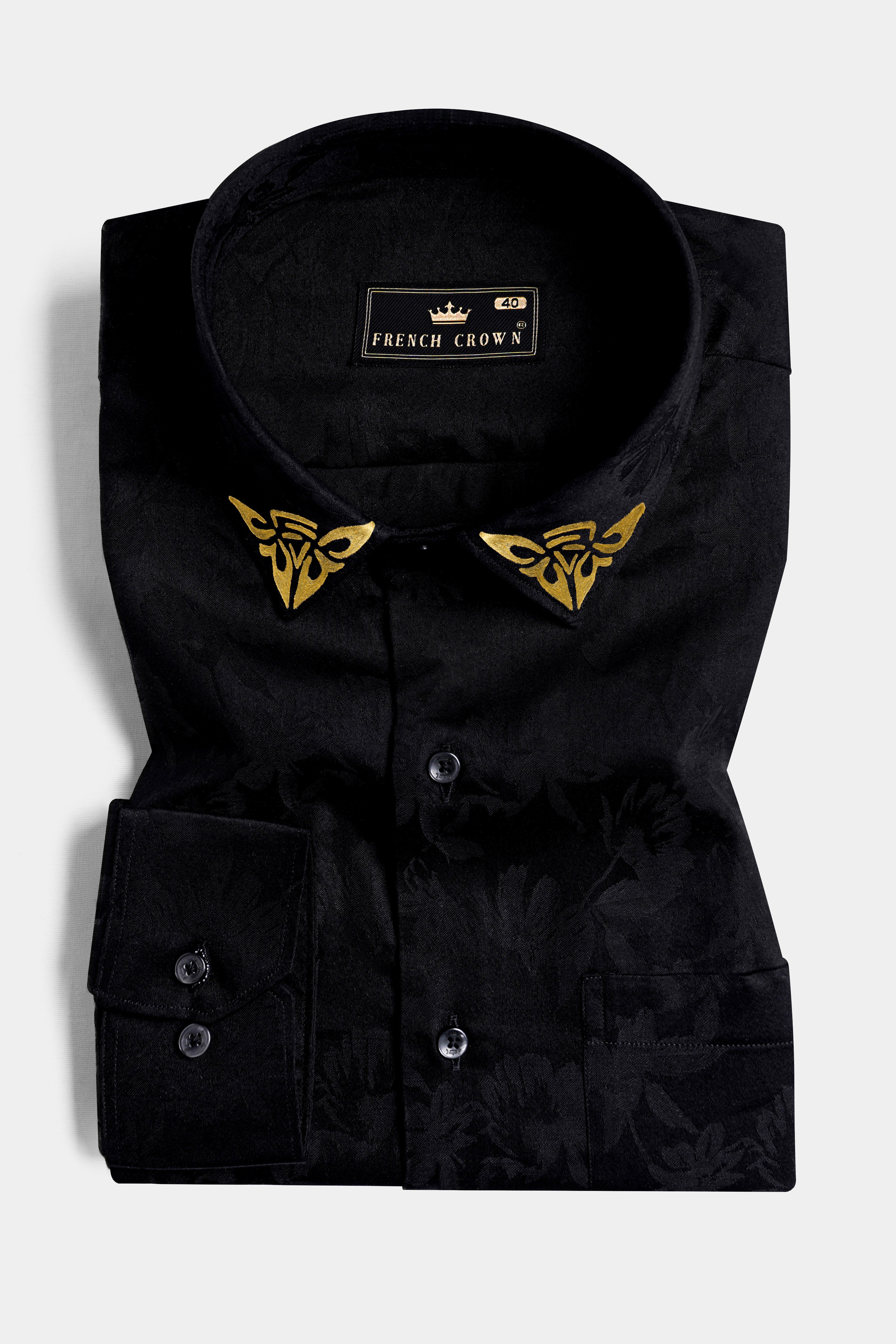 Jade Black with Hand Painted with Flower Jacquard Textured Premium Giza Cotton Shirt