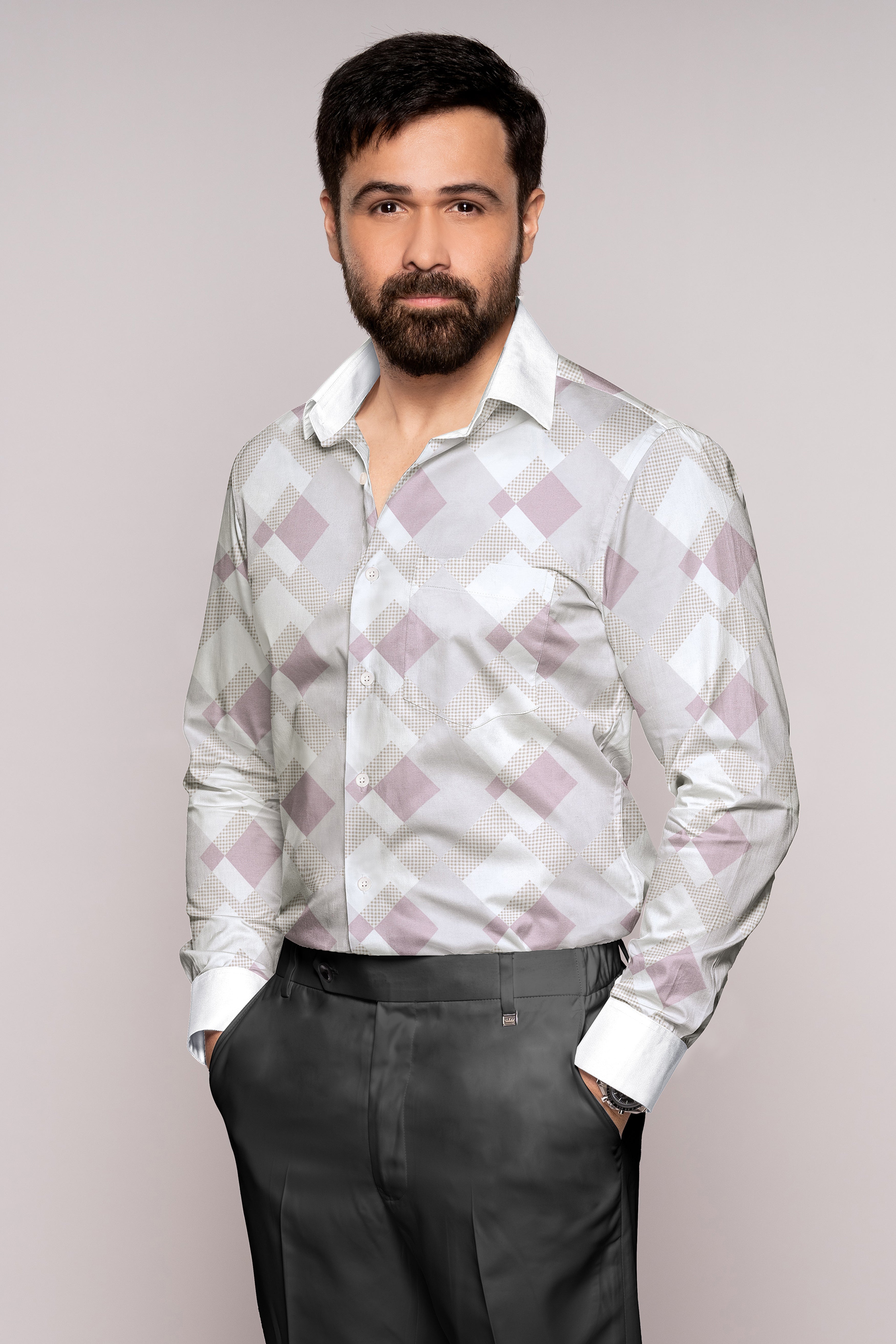 Ghost Gray and Blossom Pink Printed with White Cuffs and Collar Subtle Sheen Super Soft Premium Cotton Shirt