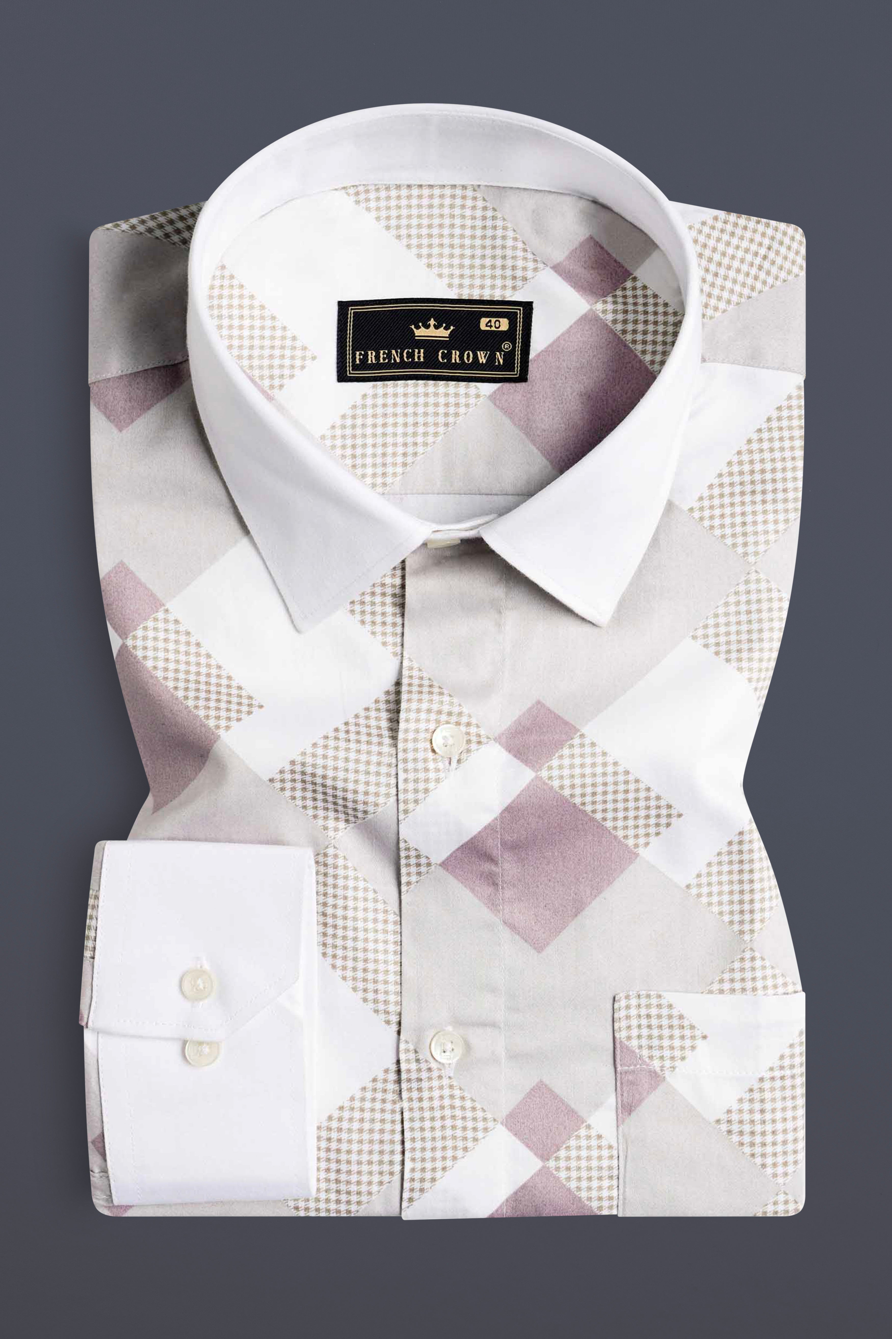 Ghost Gray and Blossom Pink Printed with White Cuffs and Collar Subtle Sheen Super Soft Premium Cotton Shirt