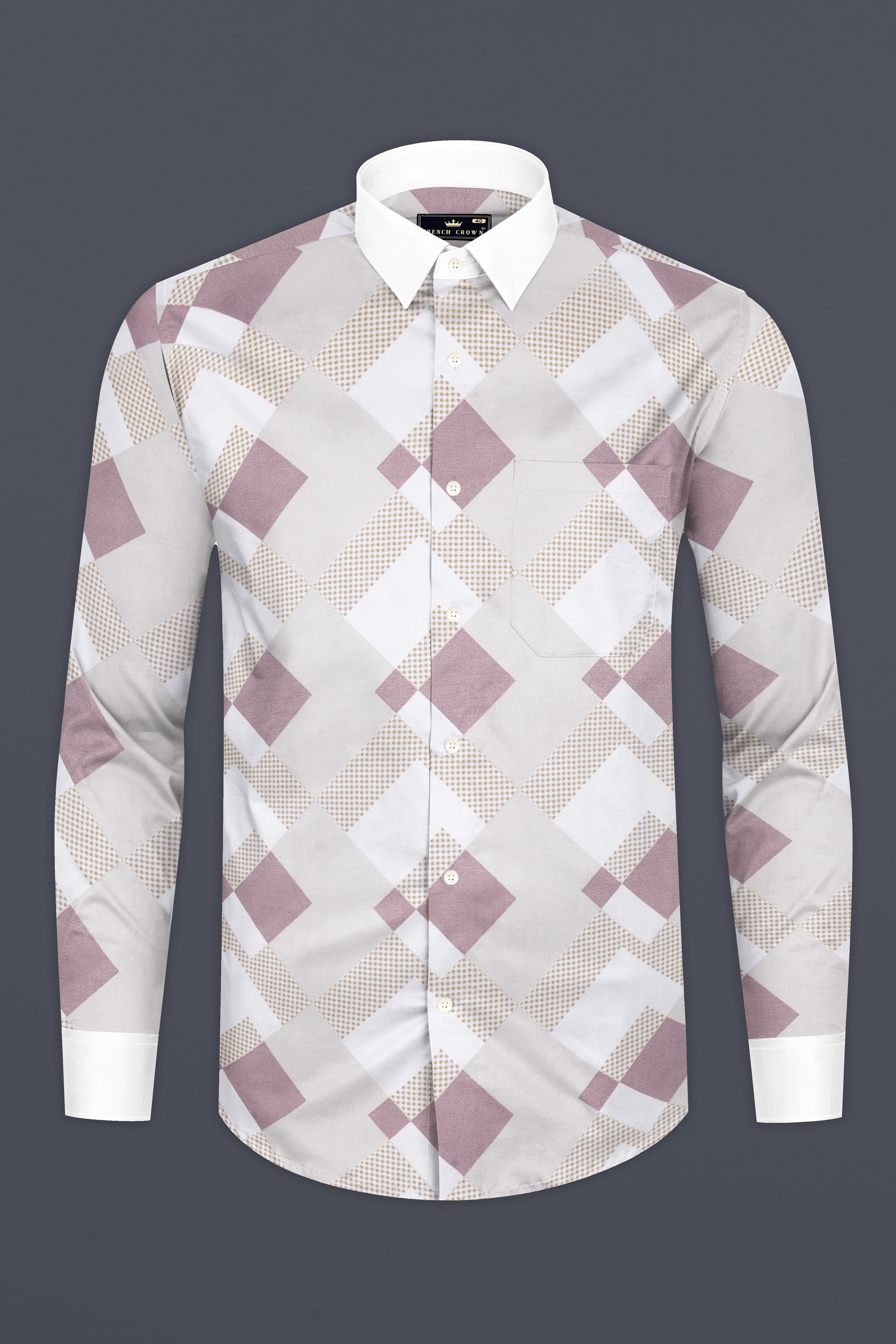 Ghost Gray and Blossom Pink Printed with White Cuffs and Collar Subtle Sheen Super Soft Premium Cotton Shirt