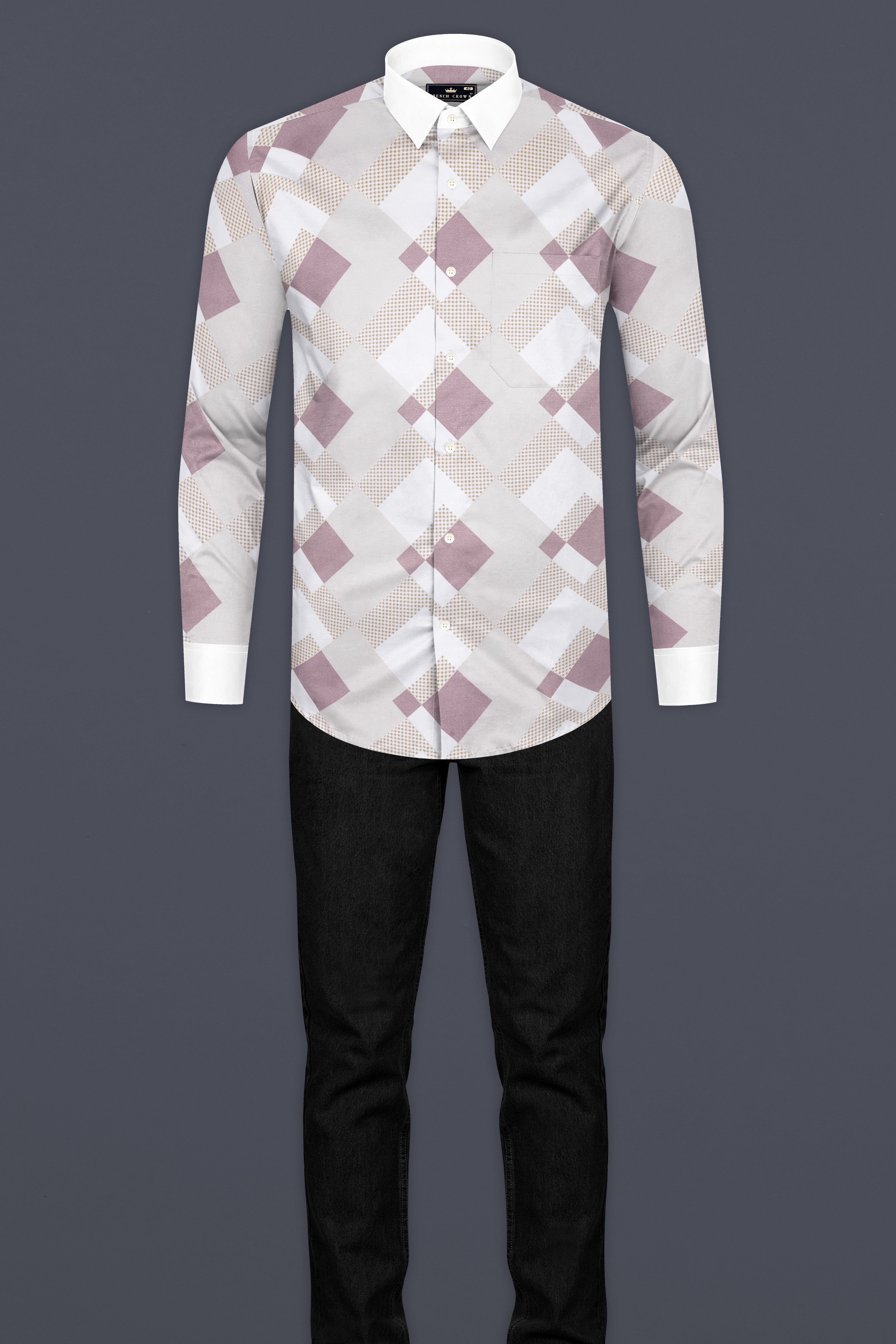 Ghost Gray and Blossom Pink Printed with White Cuffs and Collar Subtle Sheen Super Soft Premium Cotton Shirt