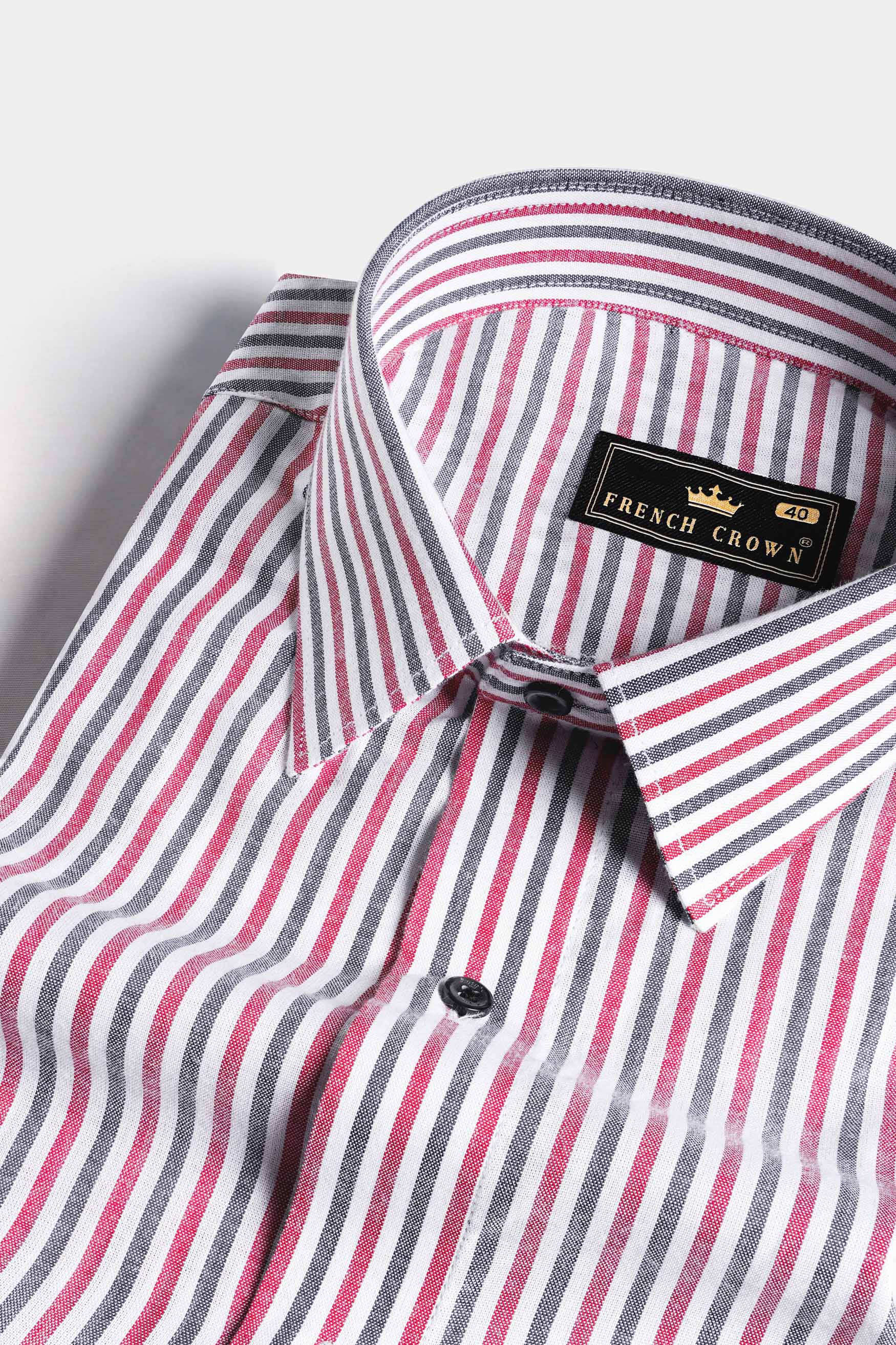 Bright White with Mandy Pink and Boulder Gray Striped Royal Oxford Shirt