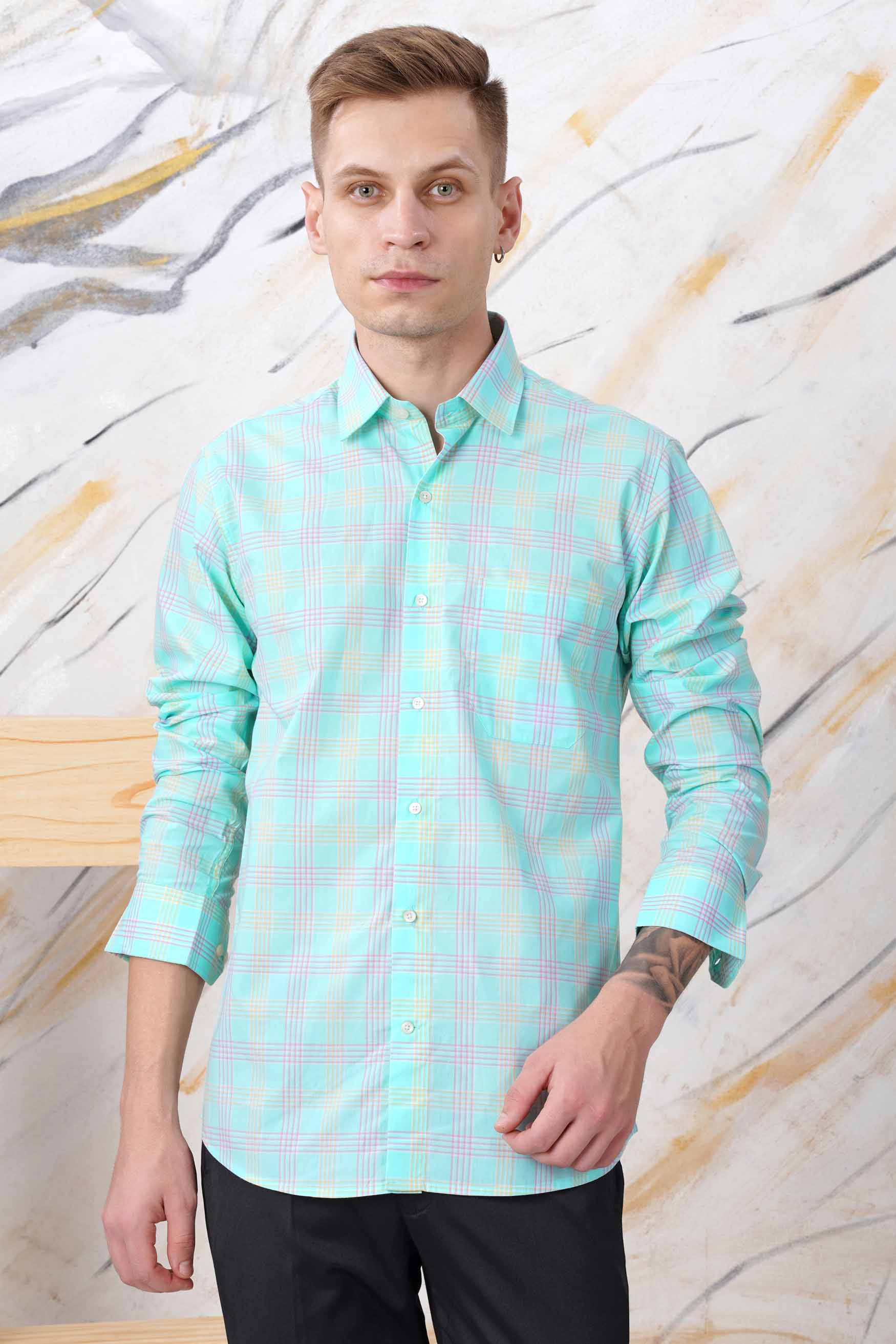 Blizzard Blue with Lilac Purple and Buff Yellow Checkered Premium Cotton Shirt 11592-38, 11592-H-38, 11592-39, 11592-H-39, 11592-40, 11592-H-40, 11592-42, 11592-H-42, 11592-44, 11592-H-44, 11592-46, 11592-H-46, 11592-48, 11592-H-48, 11592-50, 11592-H-50, 11592-52, 11592-H-52