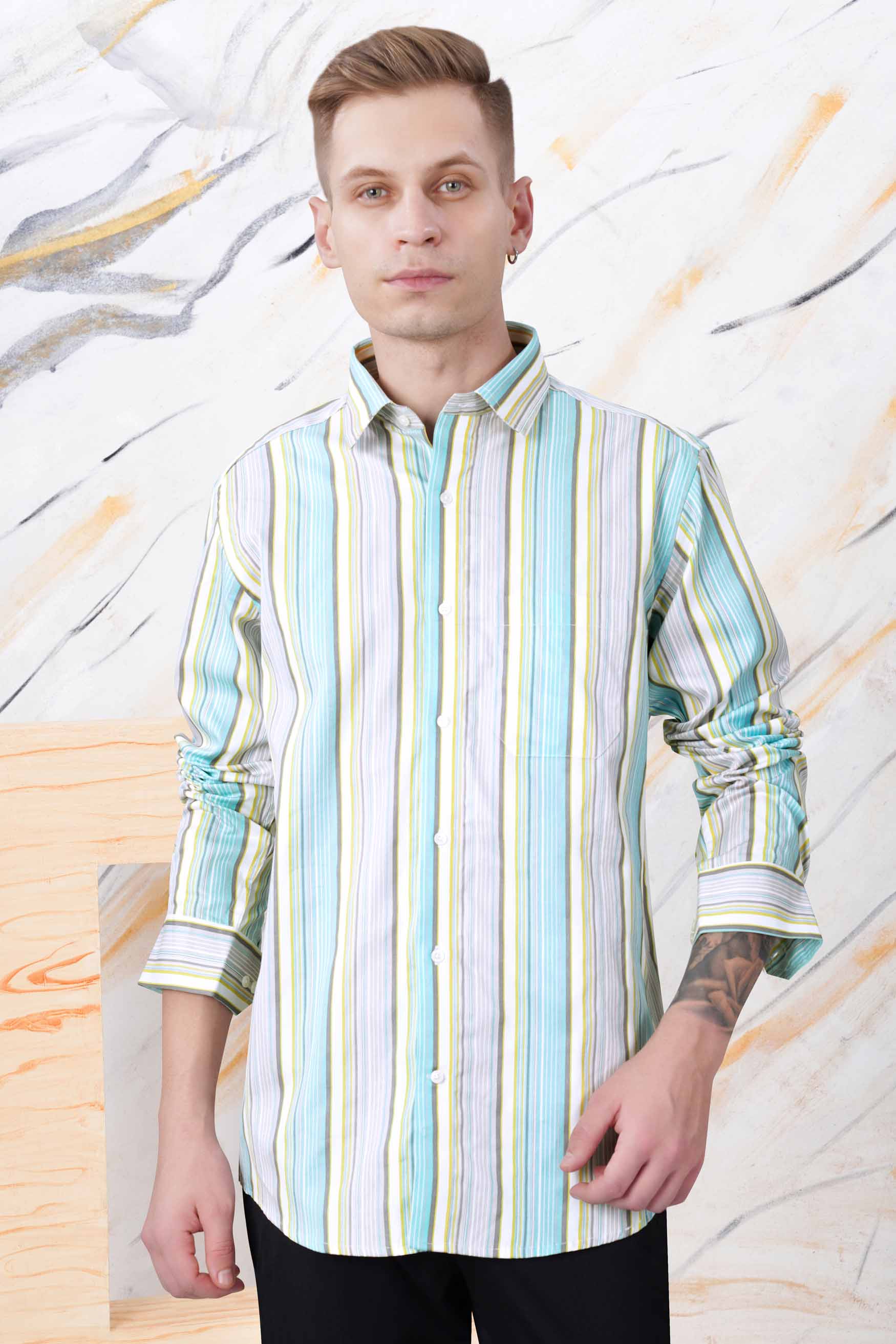 Tiffany Blue with Buff Yellow and White Striped Subtle Sheen Super Soft Premium Cotton Shirt 11596-38, 11596-H-38, 11596-39, 11596-H-39, 11596-40, 11596-H-40, 11596-42, 11596-H-42, 11596-44, 11596-H-44, 11596-46, 11596-H-46, 11596-48, 11596-H-48, 11596-50, 11596-H-50, 11596-52, 11596-H-52