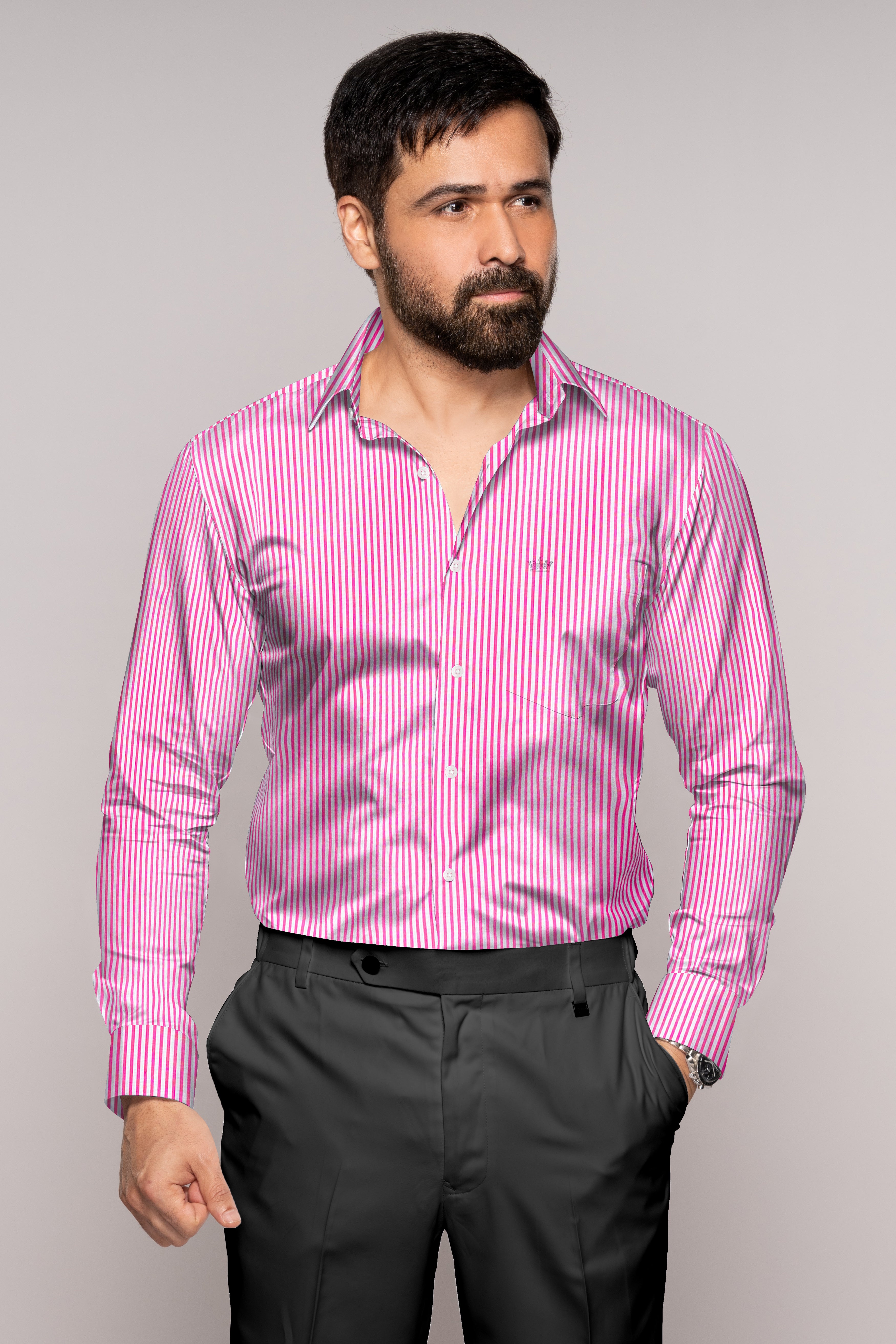 Thulian Pink and White Striped Seersucker Giza Cotton Shirt