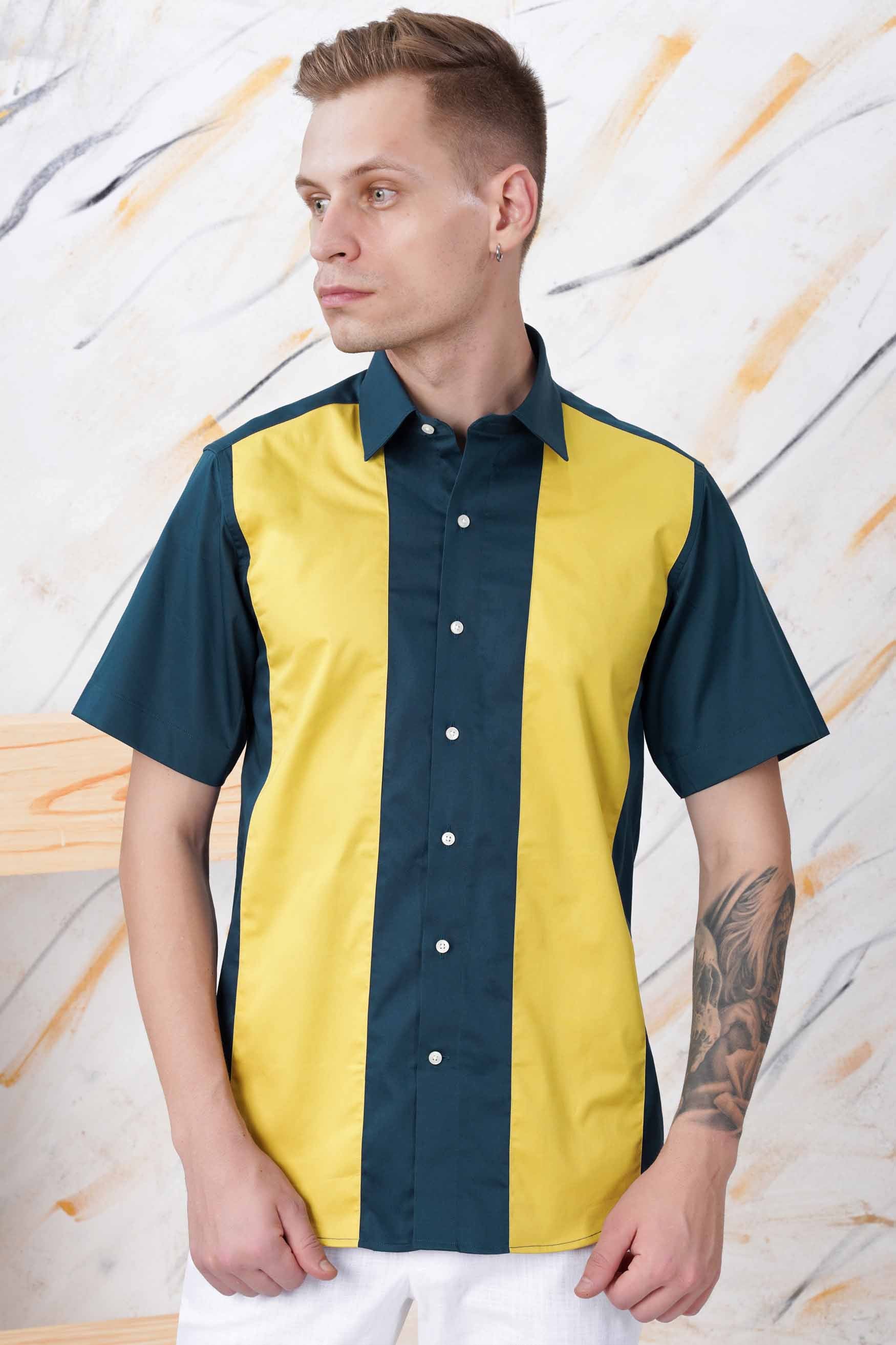 Firefly Blue and Anzac Yellow Subtle Sheen Super Soft Premium Cotton Designer Shirt
