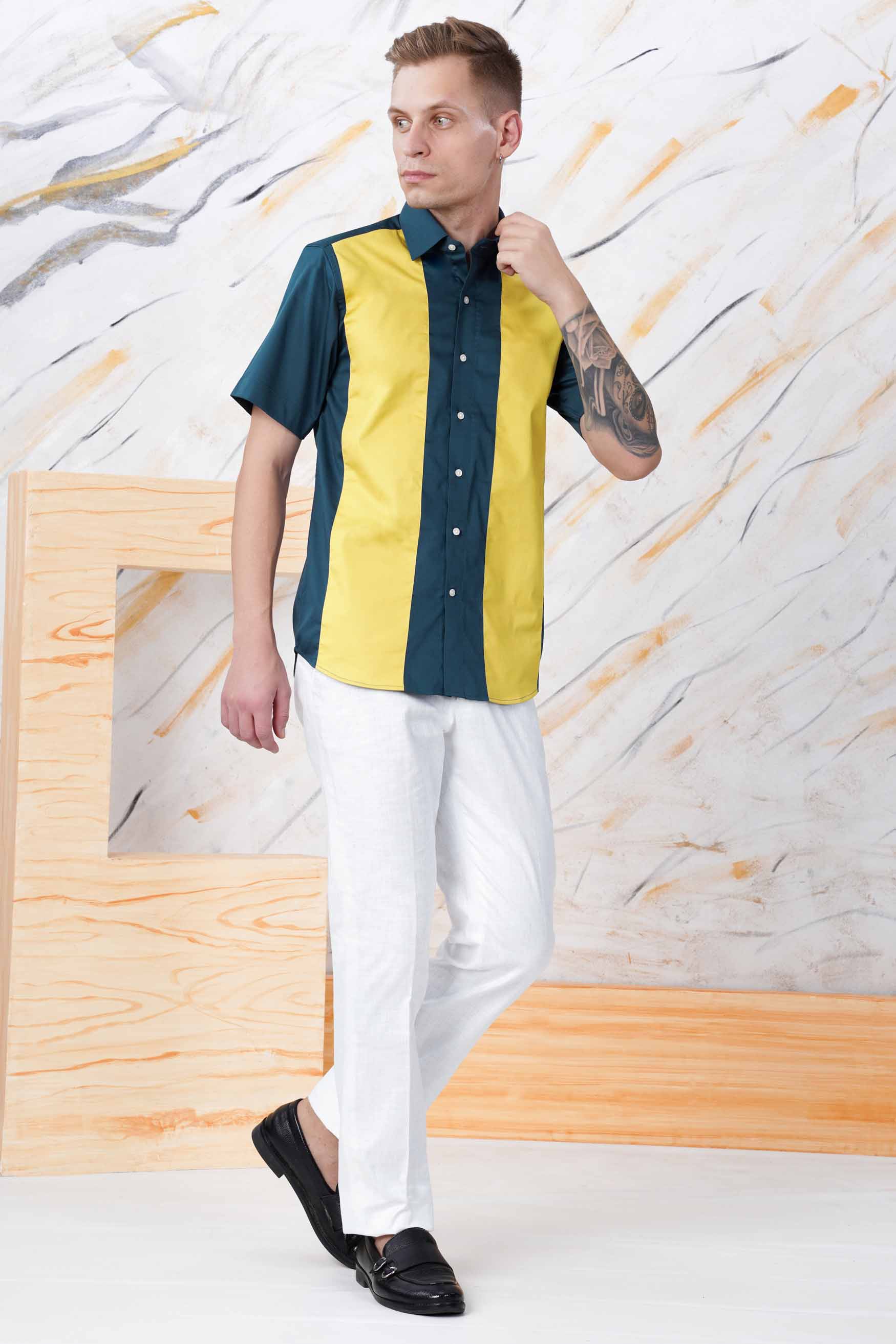 Firefly Blue and Anzac Yellow Subtle Sheen Super Soft Premium Cotton Designer Shirt
