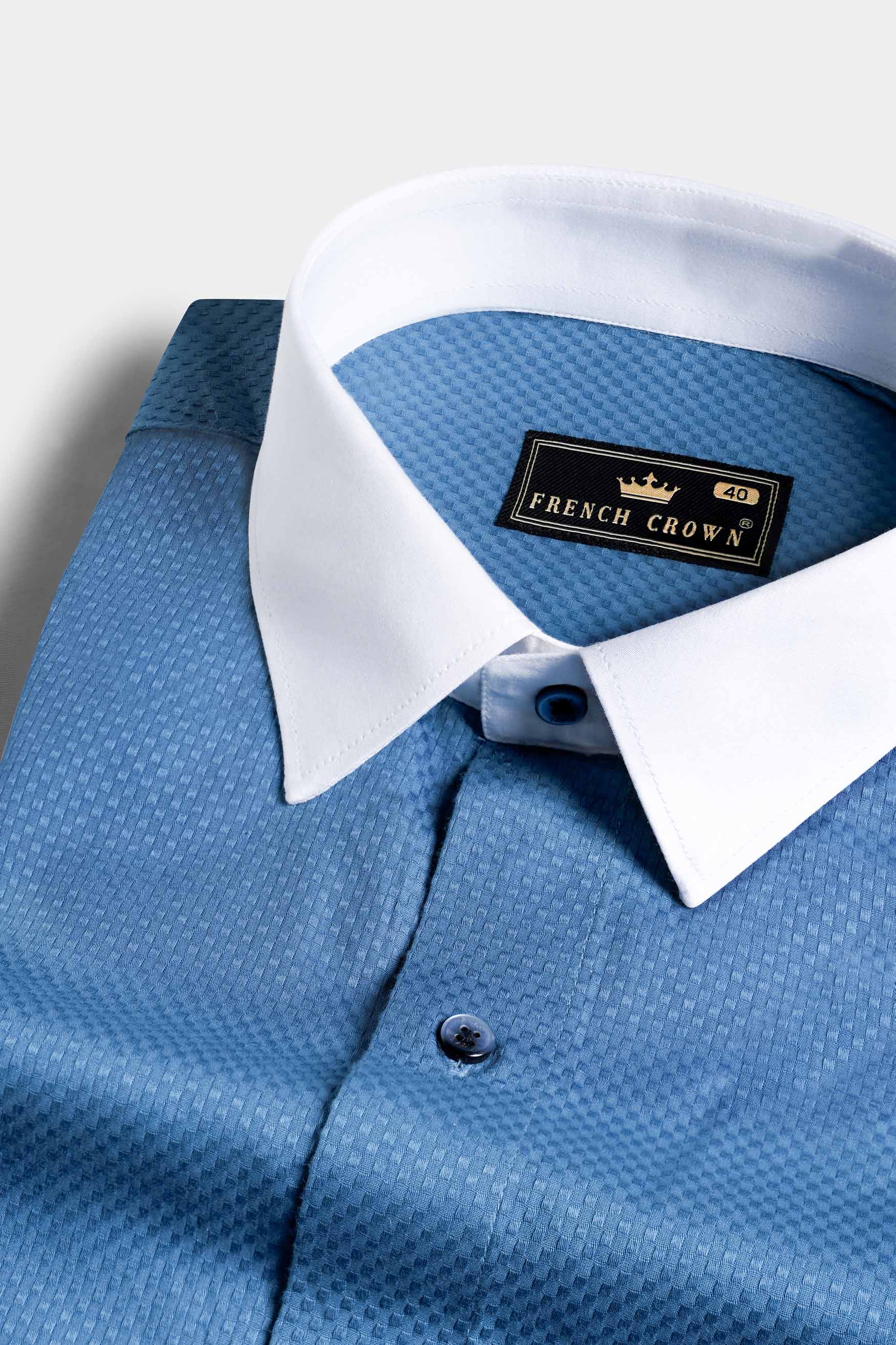Azure Blue With White Cuffs and Collar Dobby Textured Premium Giza Cotton Shirt