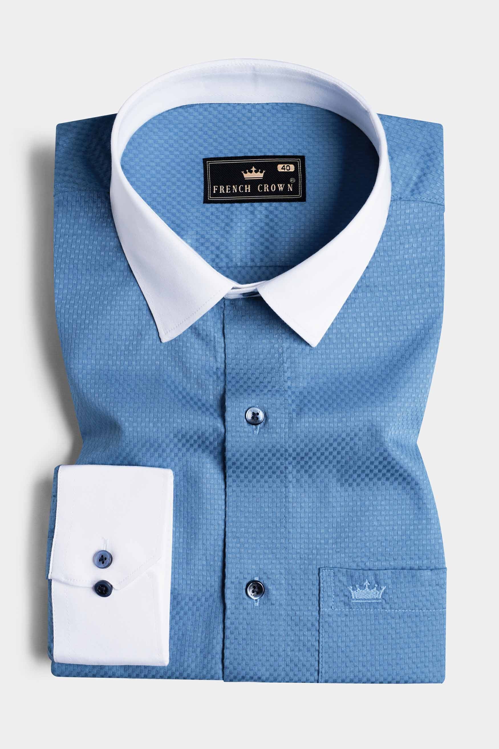 Azure Blue With White Cuffs and Collar Dobby Textured Premium Giza Cotton Shirt