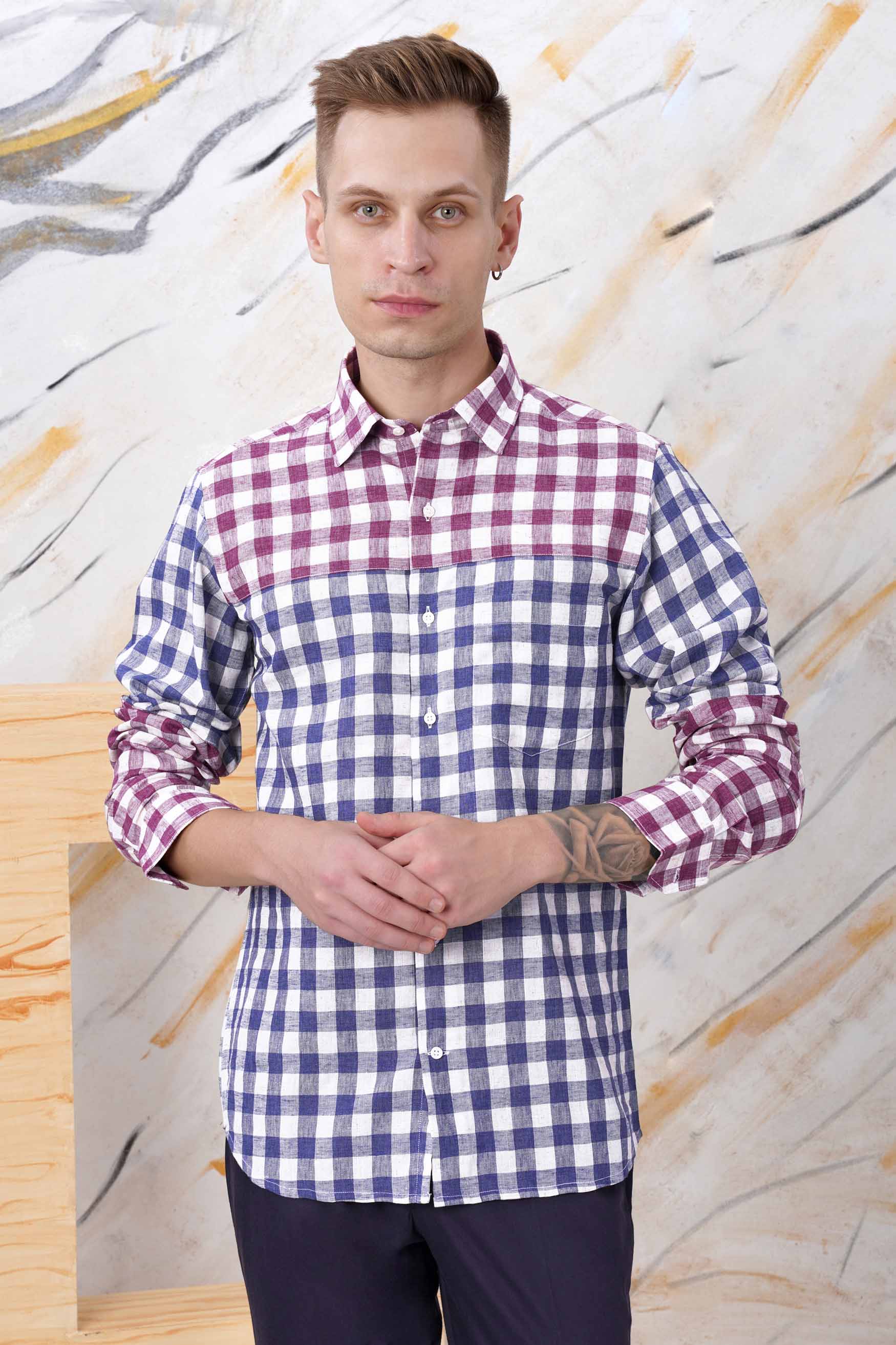 Rhino Blue with Muave Pink and White Plaid Luxurious linen Designer Shirt