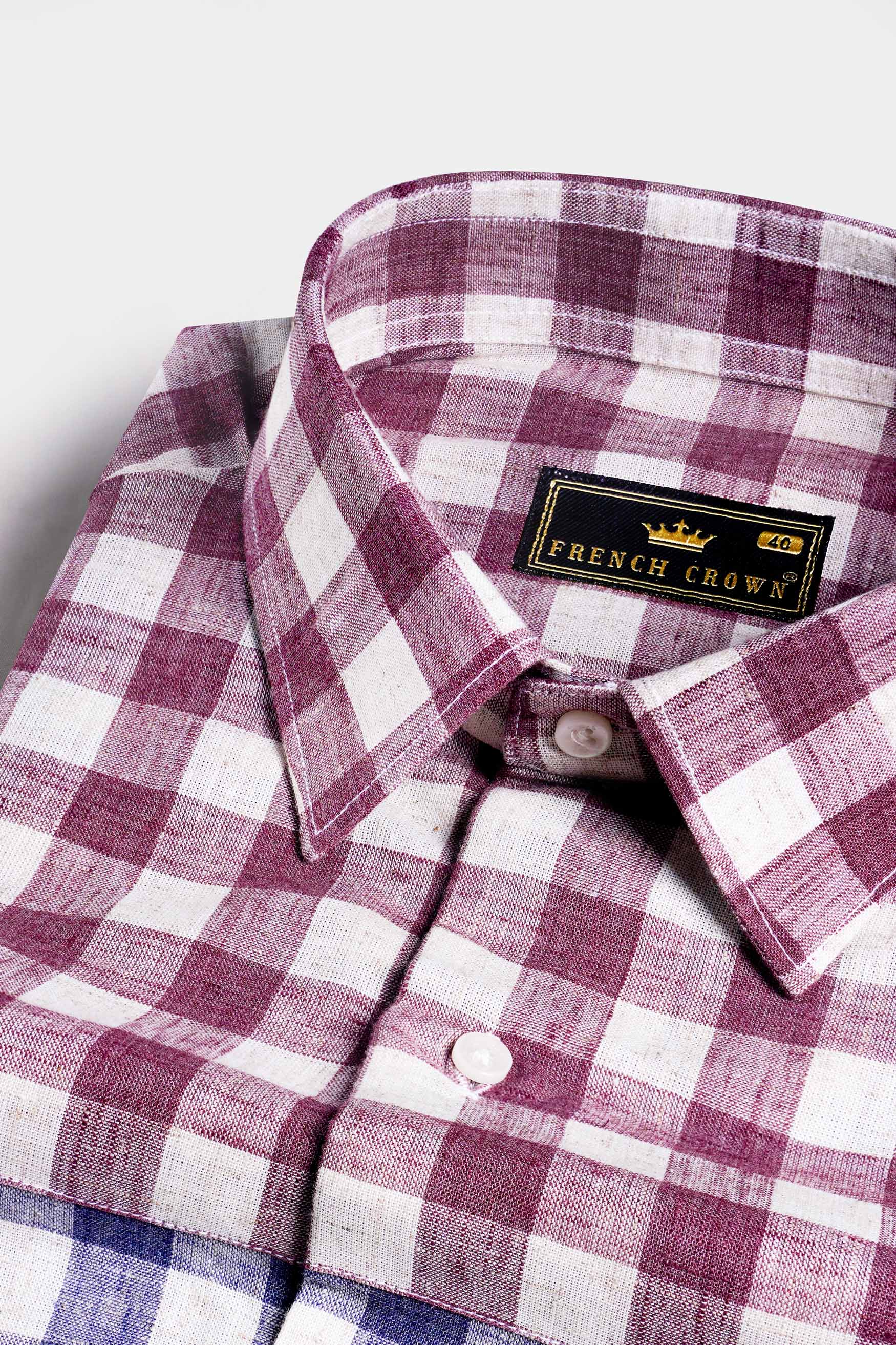 Rhino Blue with Muave Pink and White Plaid Luxurious linen Designer Shirt