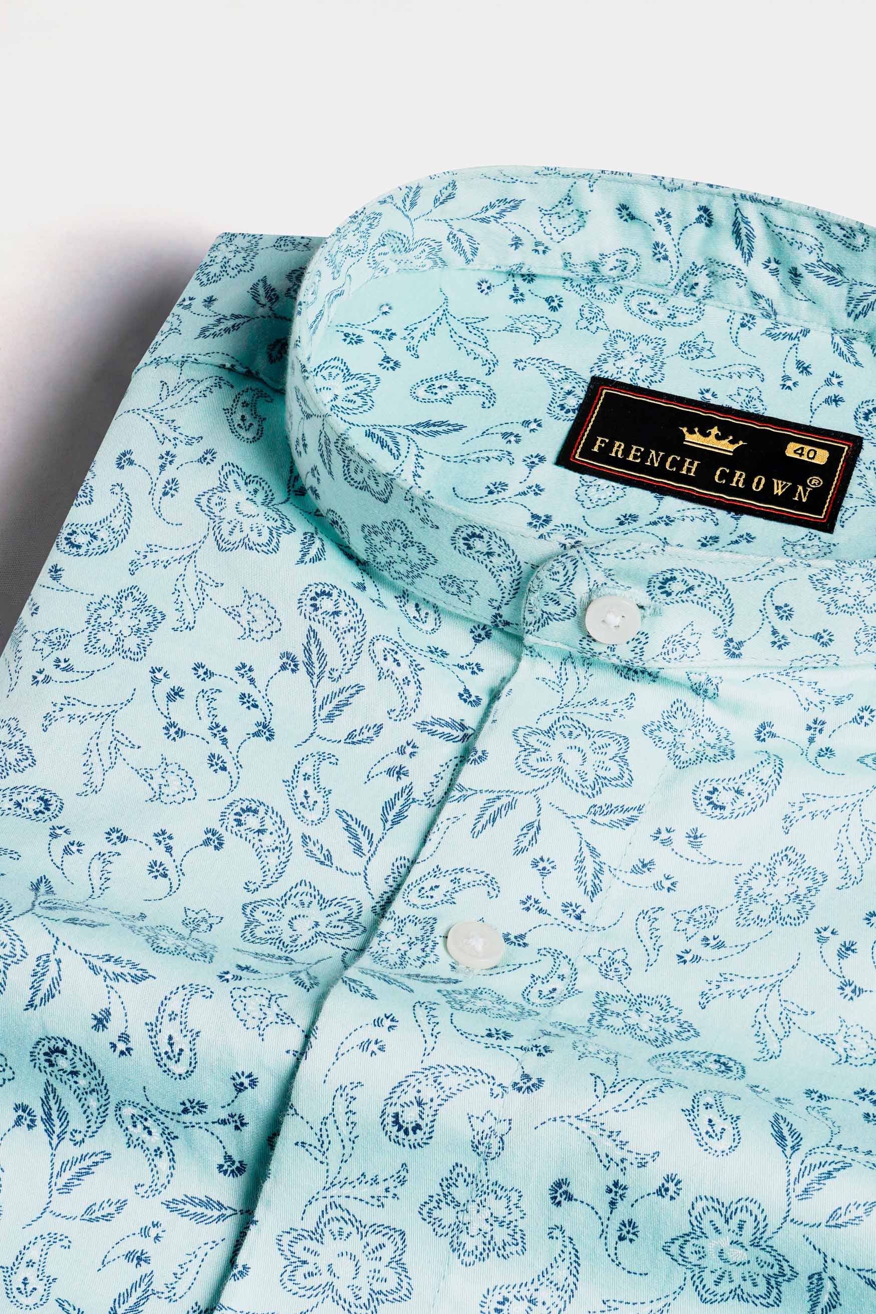 Aqua Blue Paisley Printed Subtle Sheen Super Soft Premium Cotton Shirt