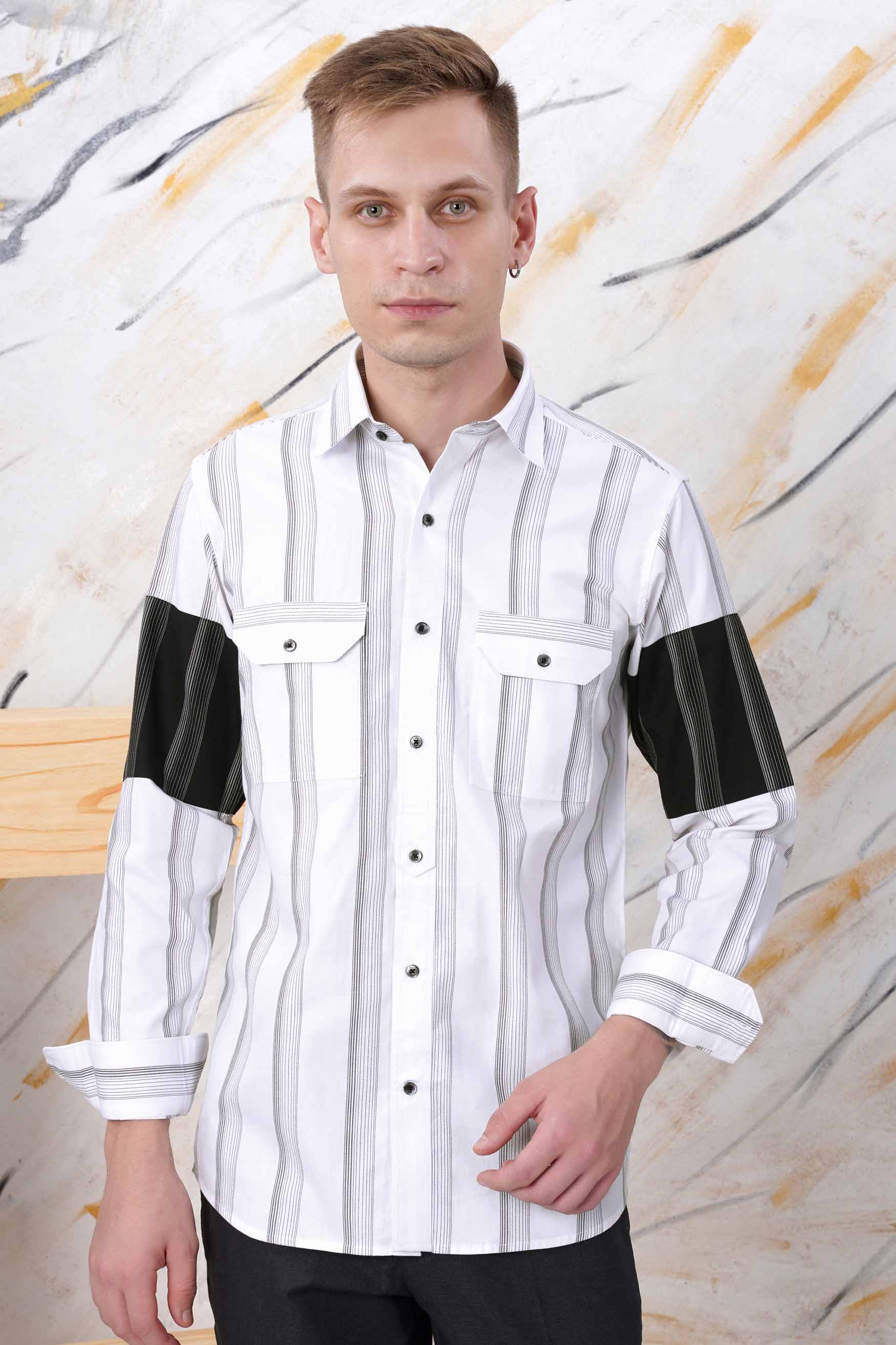 Bright White and Black Striped Dobby Textured Premium Giza Cotton Designer Shirt