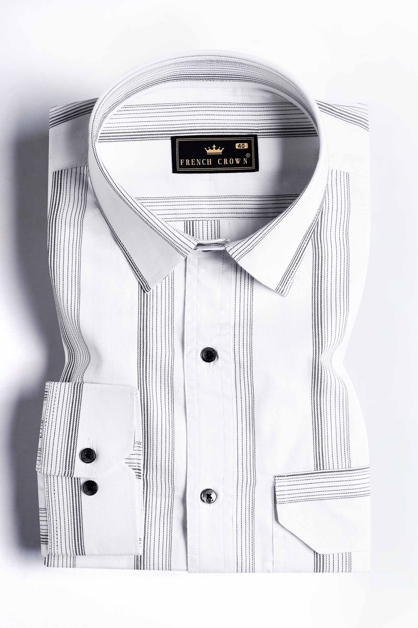 Bright White and Black Striped Dobby Textured Premium Giza Cotton Designer Shirt