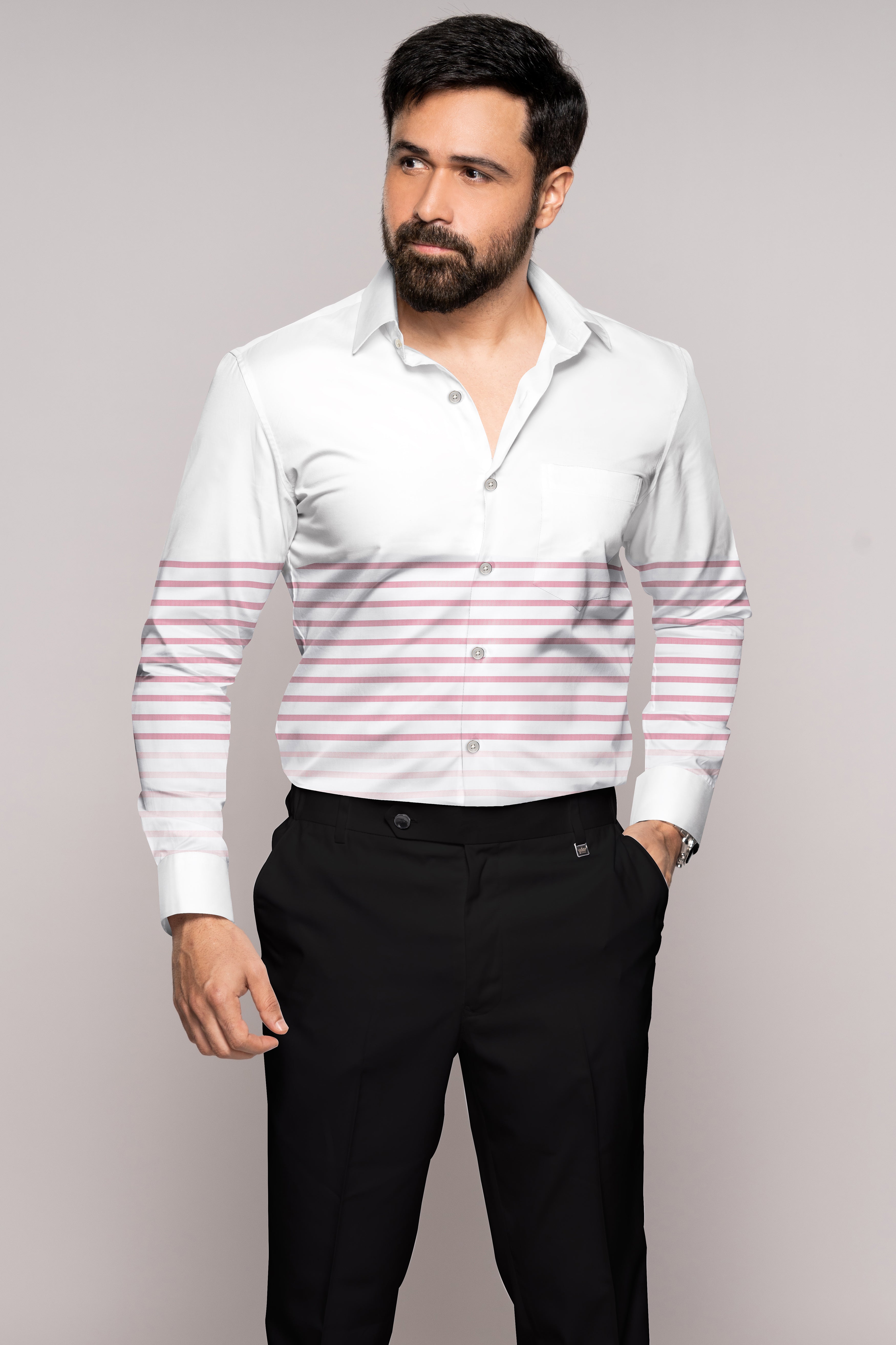 Bright White with Bashful Pink Striped Royal Oxford Shirt