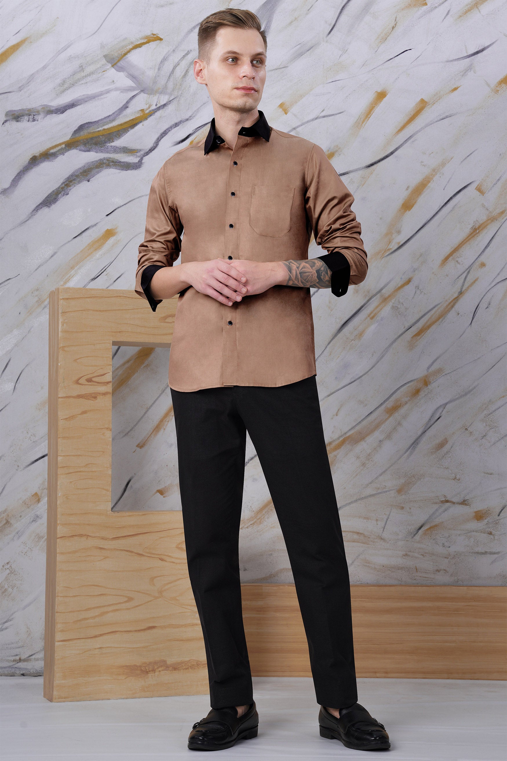Pharlap Brown with Black Cuffs and Collar Chambray Shirt 11675-BCC-BLK-38, 11675-BCC-BLK-H-38, 11675-BCC-BLK-39, 11675-BCC-BLK-H-39, 11675-BCC-BLK-40, 11675-BCC-BLK-H-40, 11675-BCC-BLK-42, 11675-BCC-BLK-H-42, 11675-BCC-BLK-44, 11675-BCC-BLK-H-44, 11675-BCC-BLK-46, 11675-BCC-BLK-H-46, 11675-BCC-BLK-48, 11675-BCC-BLK-H-48, 11675-BCC-BLK-50, 11675-BCC-BLK-H-50, 11675-BCC-BLK-52, 11675-BCC-BLK-H-52