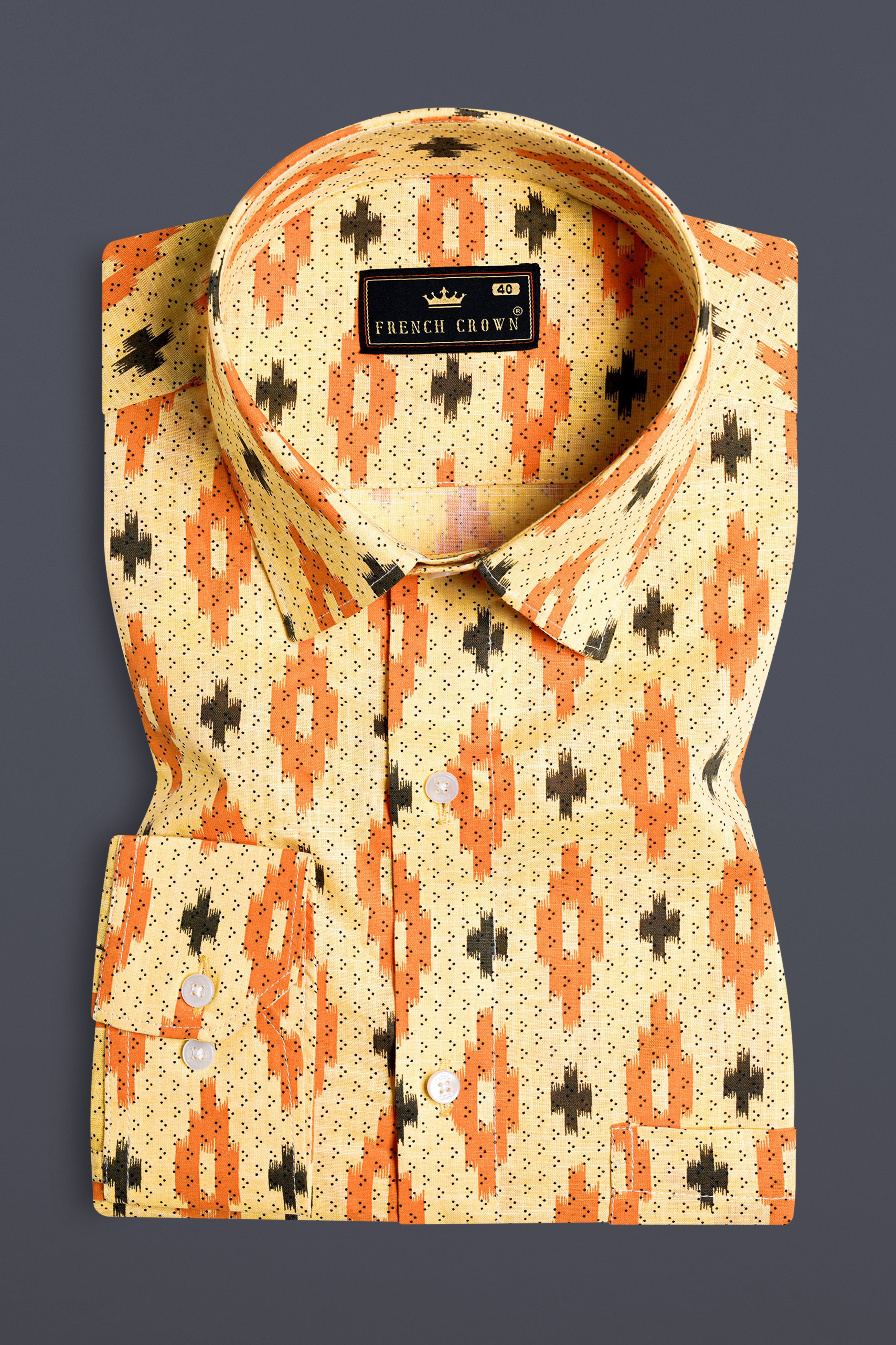 Peach and Crusta Orange Ikat Printed Chambray Shirt