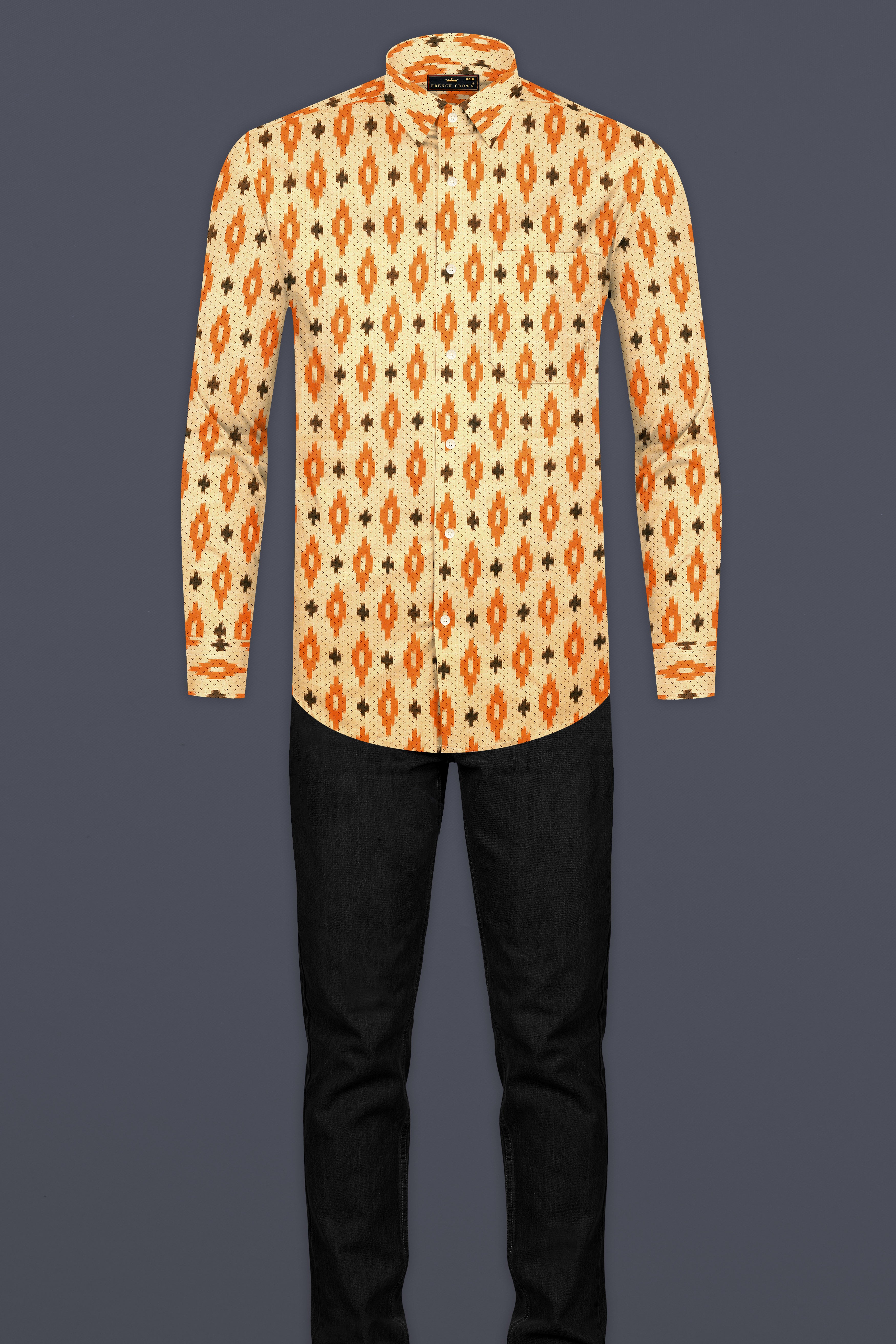 Peach and Crusta Orange Ikat Printed Chambray Shirt