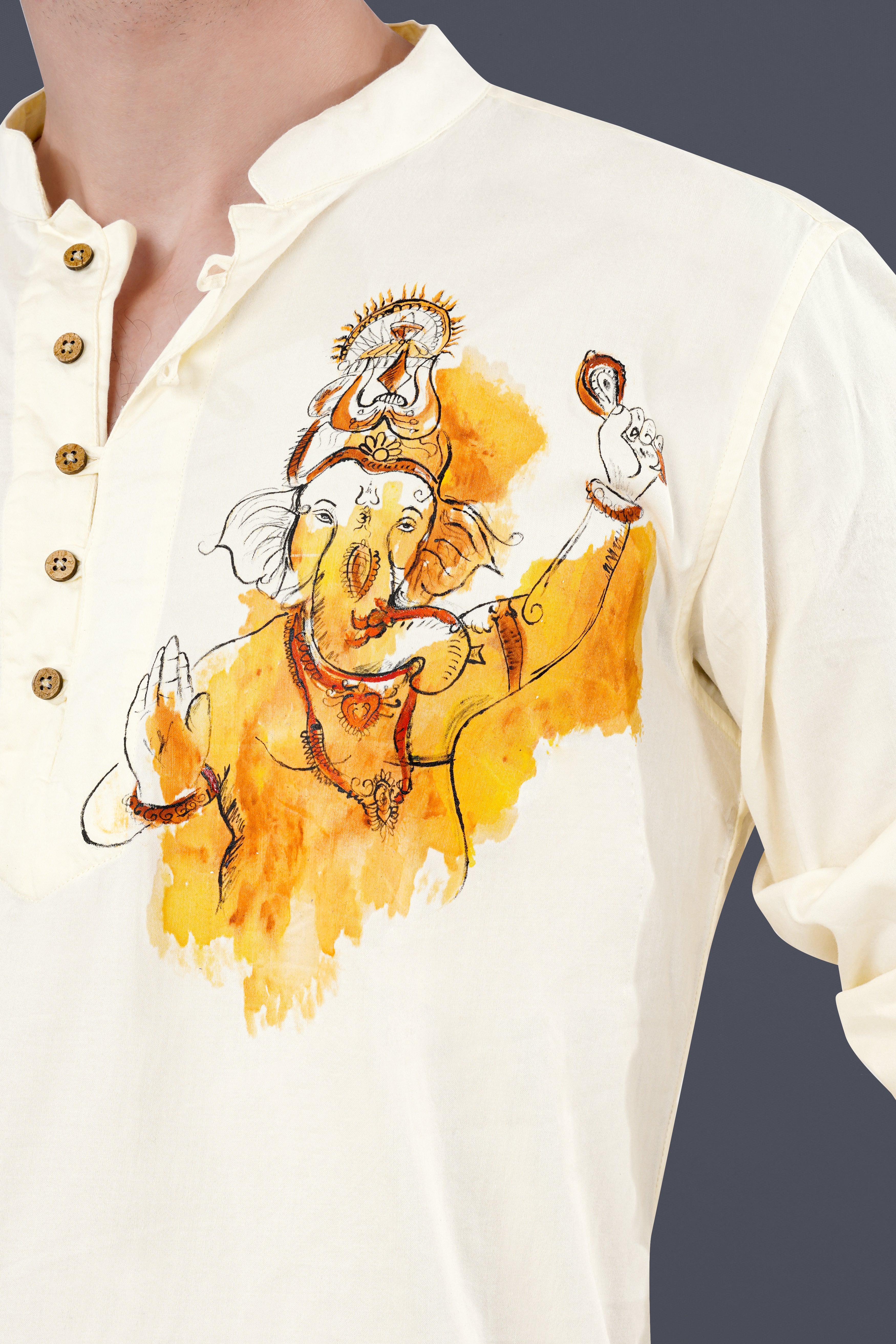 Fantasy Cream Lord Ganesha Printed Subtle Sheen Super Soft Premium Cotton Designer Kurta Shirt
