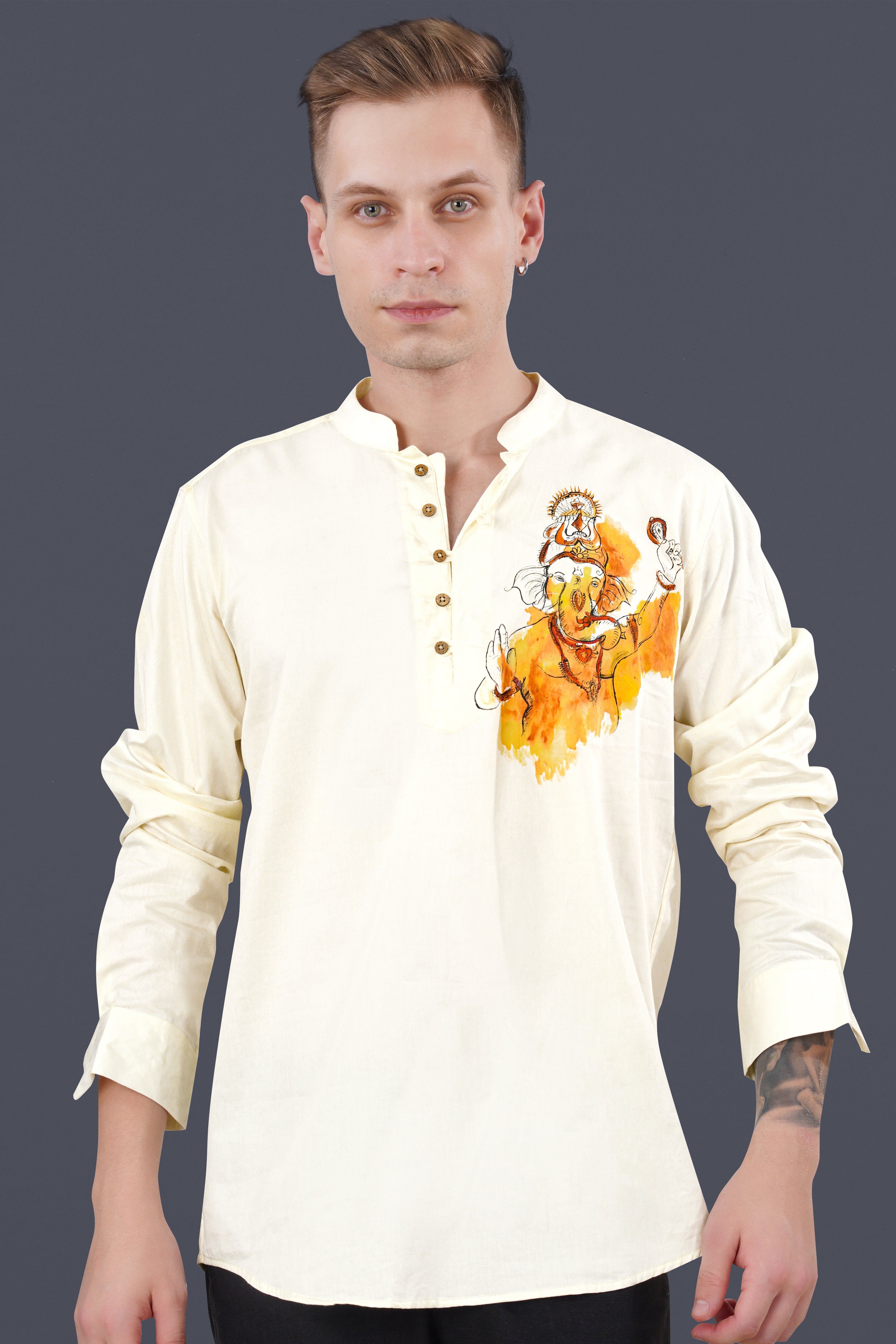 Fantasy Cream Lord Ganesha Printed Subtle Sheen Super Soft Premium Cotton Designer Kurta Shirt