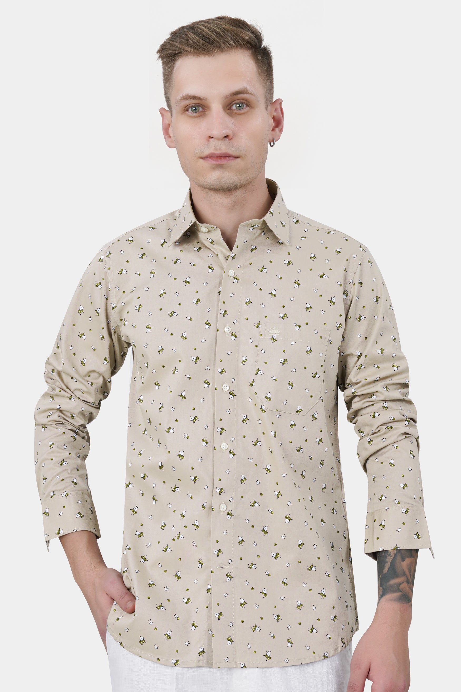 Bison Brown with Sycamore Green and White Ditsy Printed Royal Oxford Shirt 11696-38, 11696-H-38, 11696-39, 11696-H-39, 11696-40, 11696-H-40, 11696-42, 11696-H-42, 11696-44, 11696-H-44, 11696-46, 11696-H-46, 11696-48, 11696-H-48, 11696-50, 11696-H-50, 11696-52, 11696-H-52