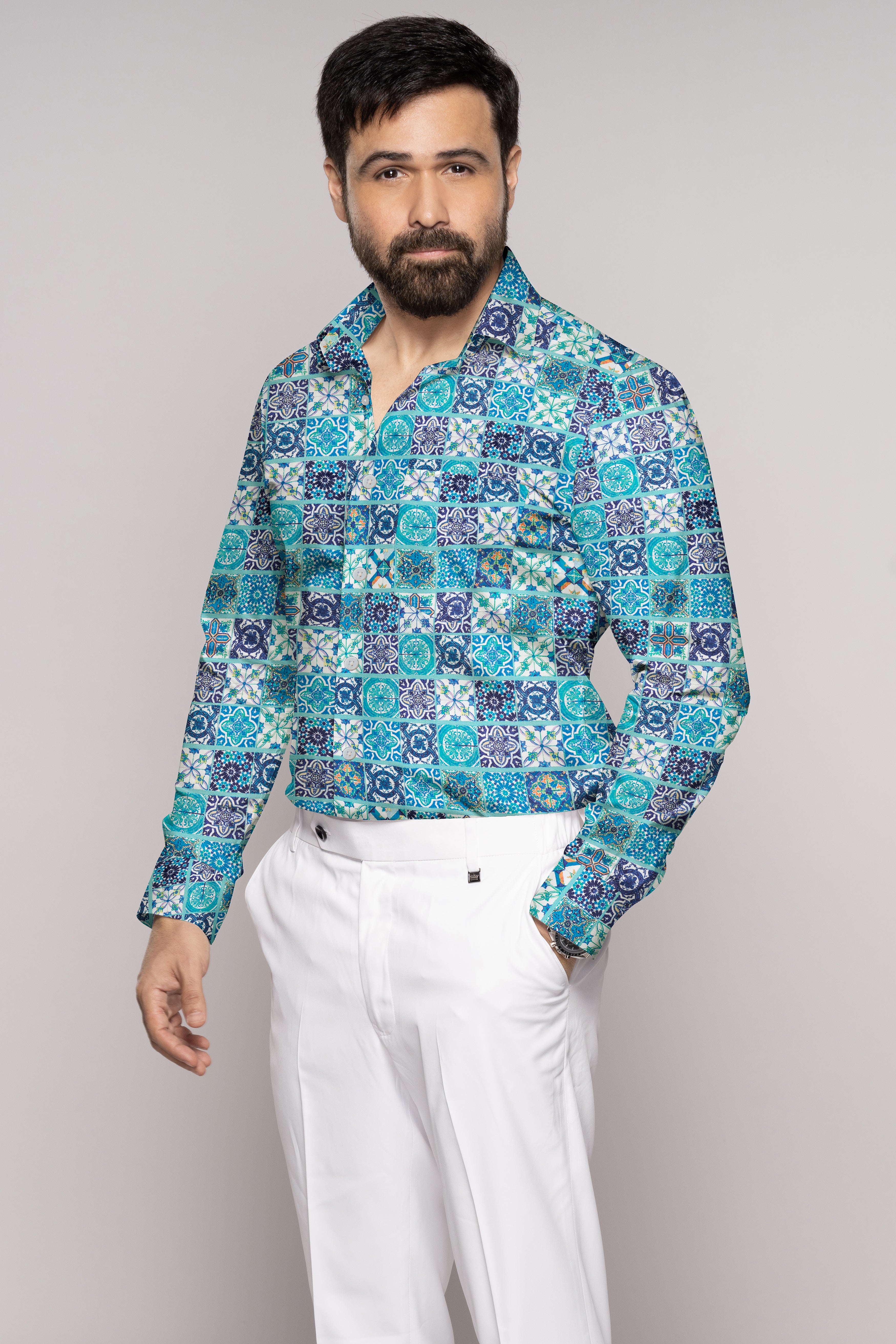 Downy Blue and Mulled Wine Purple Multicolour Tile Printed Subtle Sheen Super Soft Premium Cotton Shirt