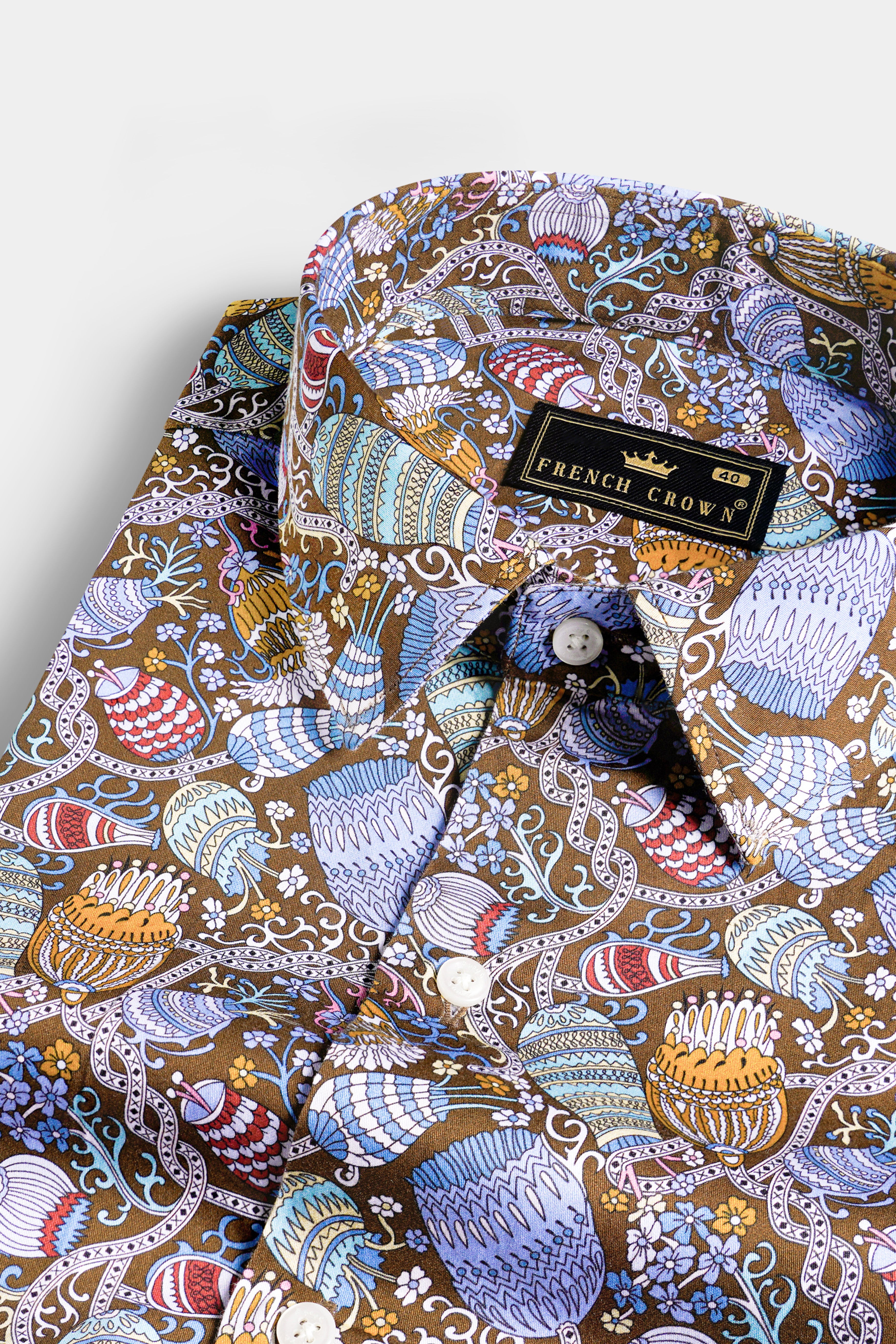 Nutmeg Brown with Iris Blue and Cadet Red Floral Printed Subtle Sheen Super Soft Premium Cotton Shirt