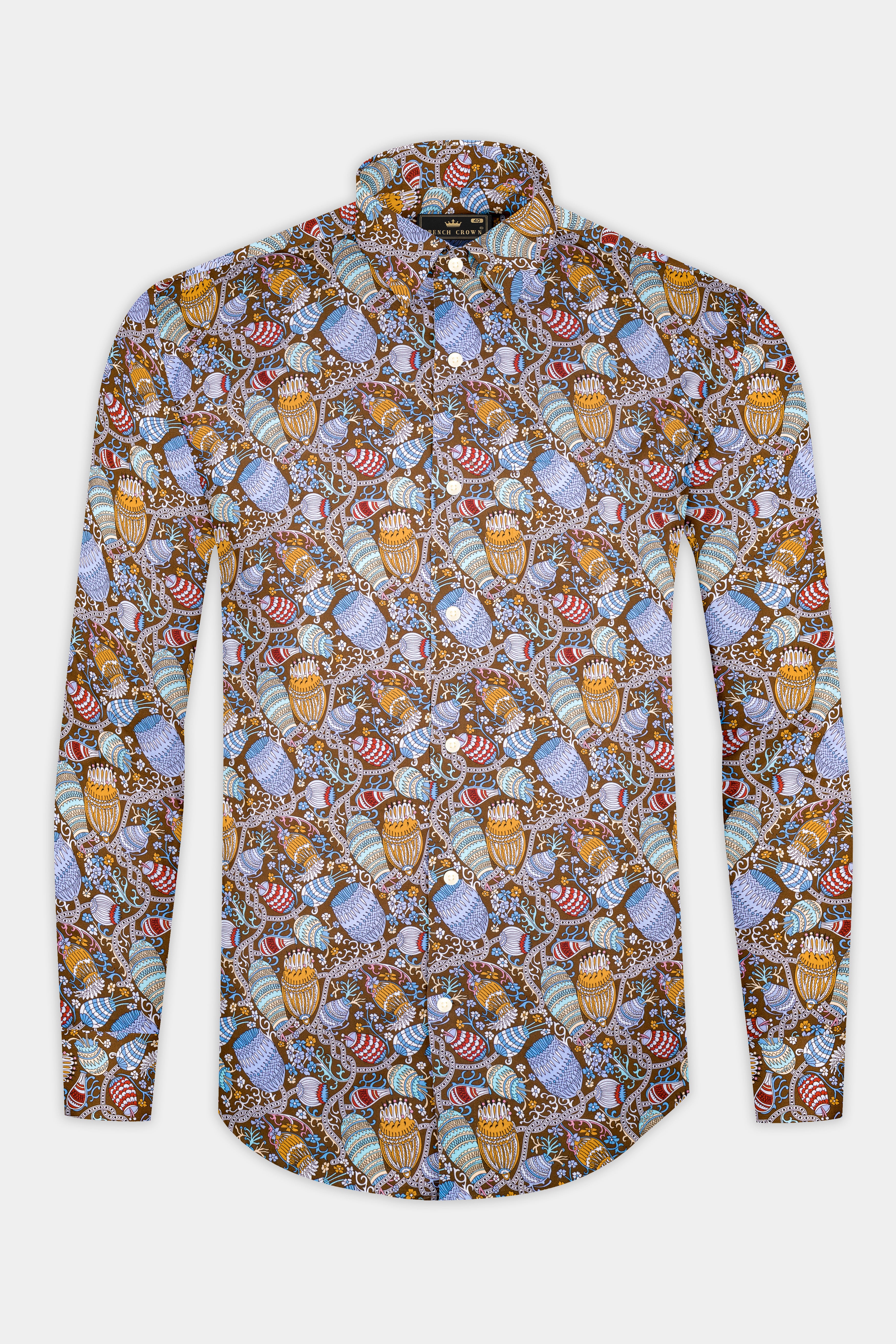 Nutmeg Brown with Iris Blue and Cadet Red Floral Printed Subtle Sheen Super Soft Premium Cotton Shirt