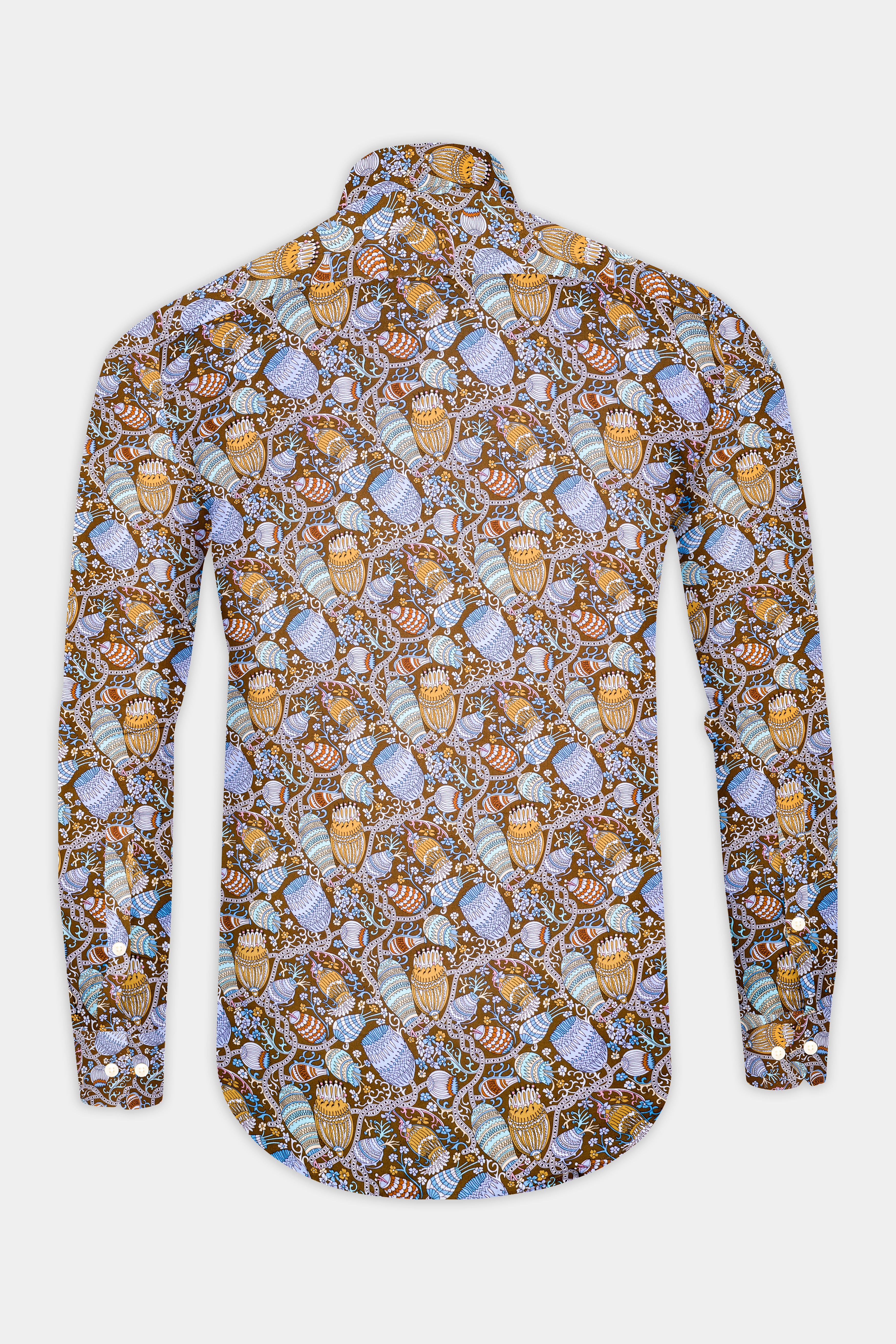 Nutmeg Brown with Iris Blue and Cadet Red Floral Printed Subtle Sheen Super Soft Premium Cotton Shirt