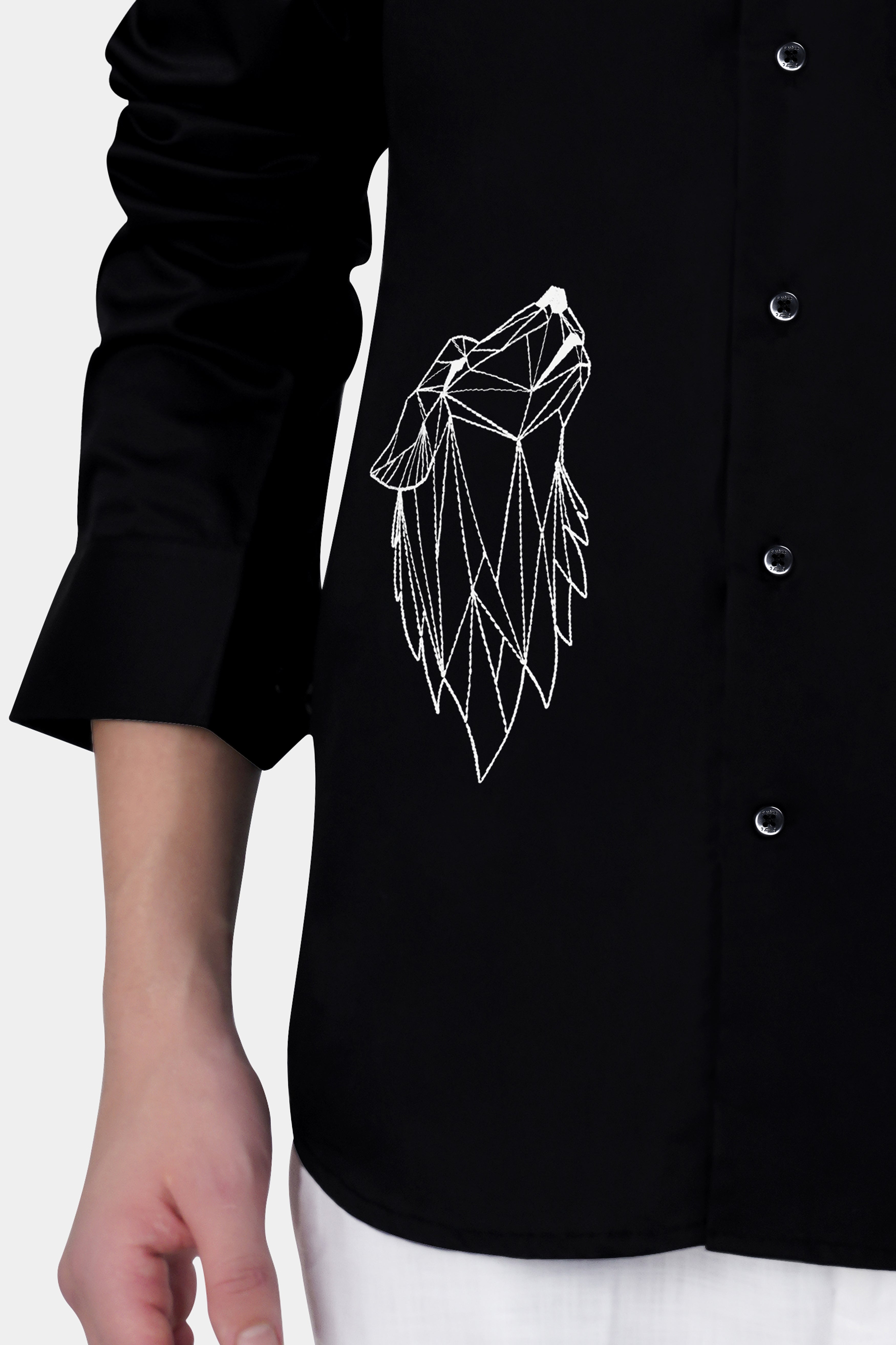 Jade Black Wolf Embroidered Subtle Sheen Super Soft Premium Cotton Shirt