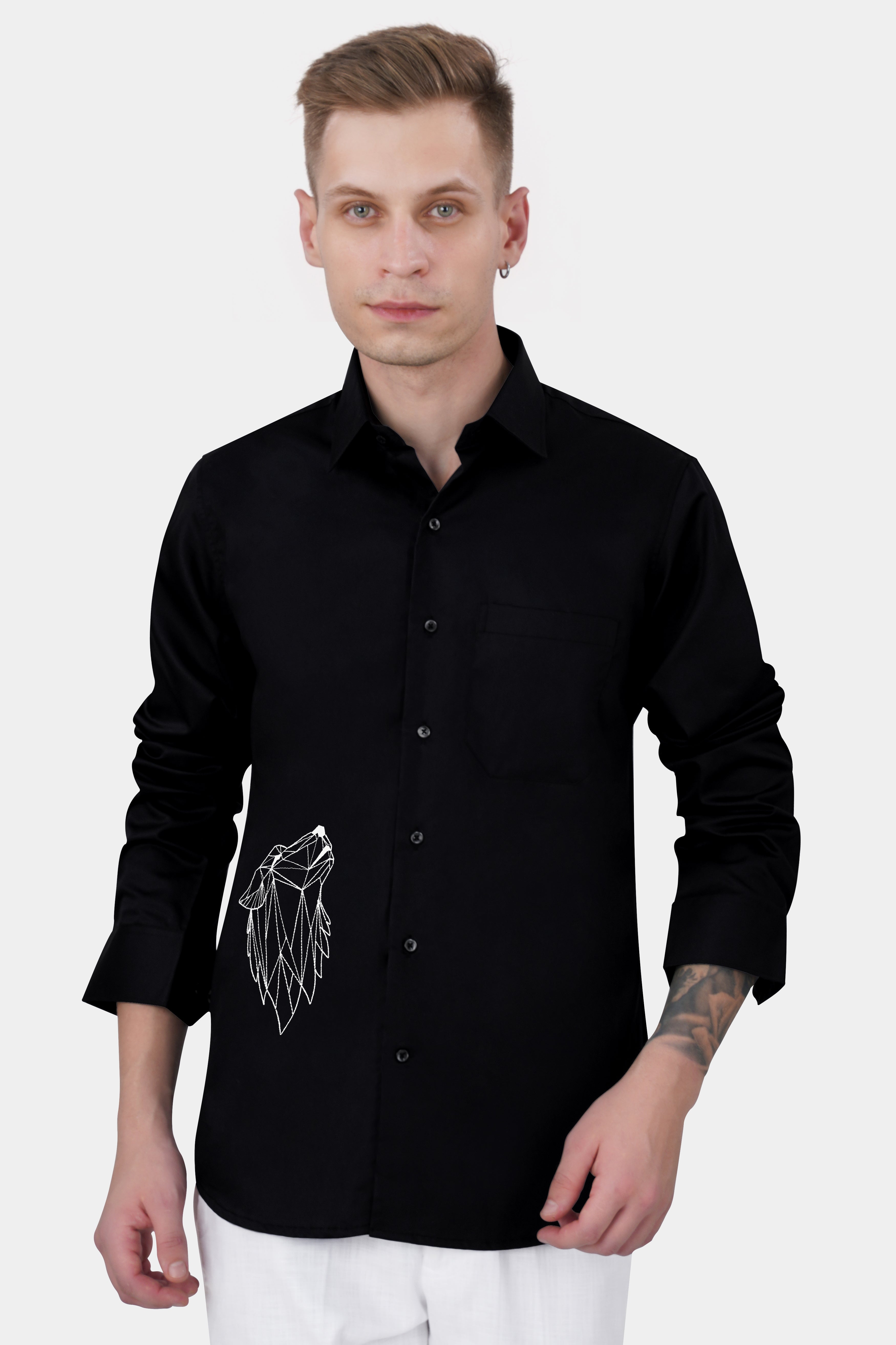 Jade Black Wolf Embroidered Subtle Sheen Super Soft Premium Cotton Shirt