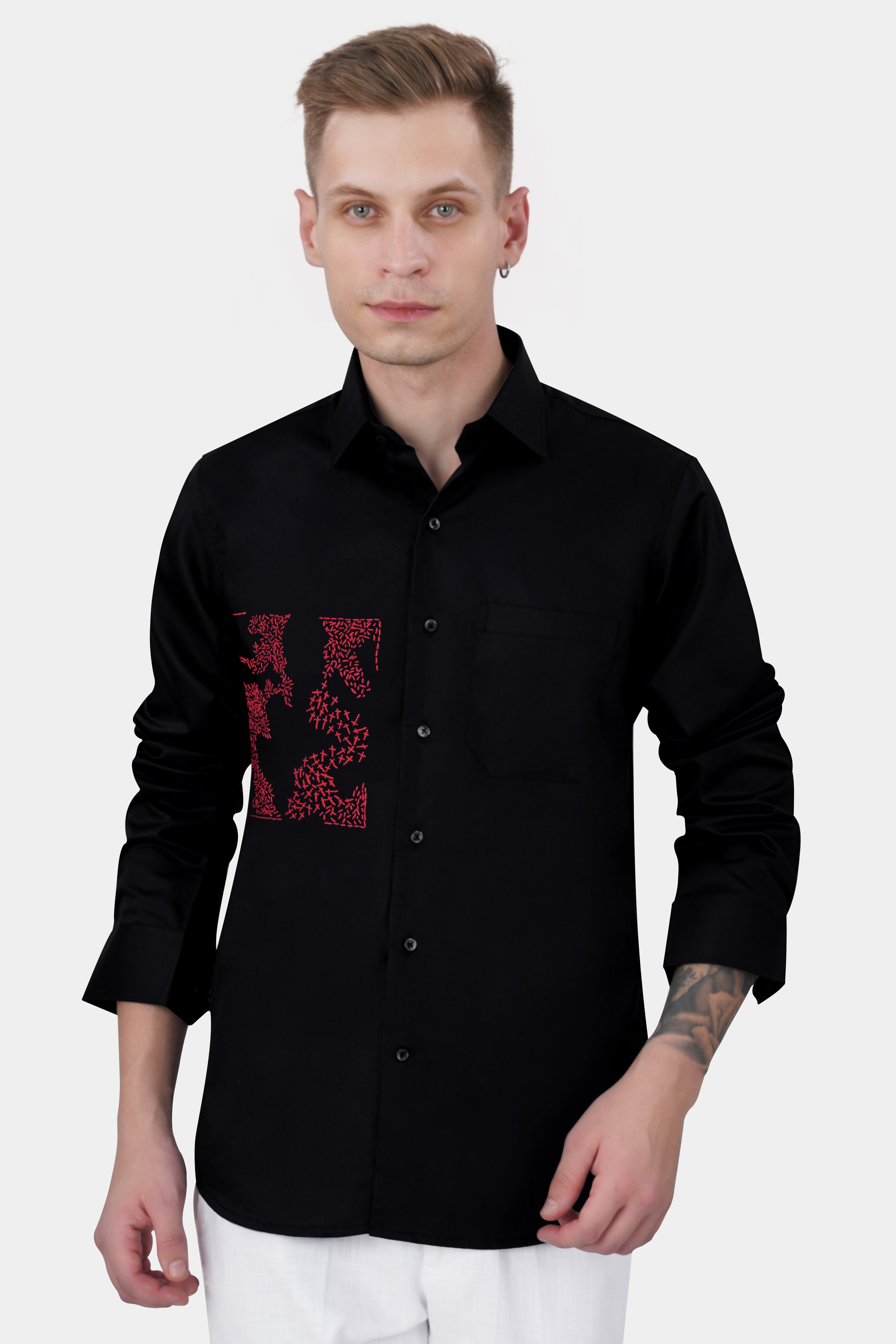 Jade Black with Shiraz Red Embroidered Subtle Sheen Super Soft Premium Cotton Shirt