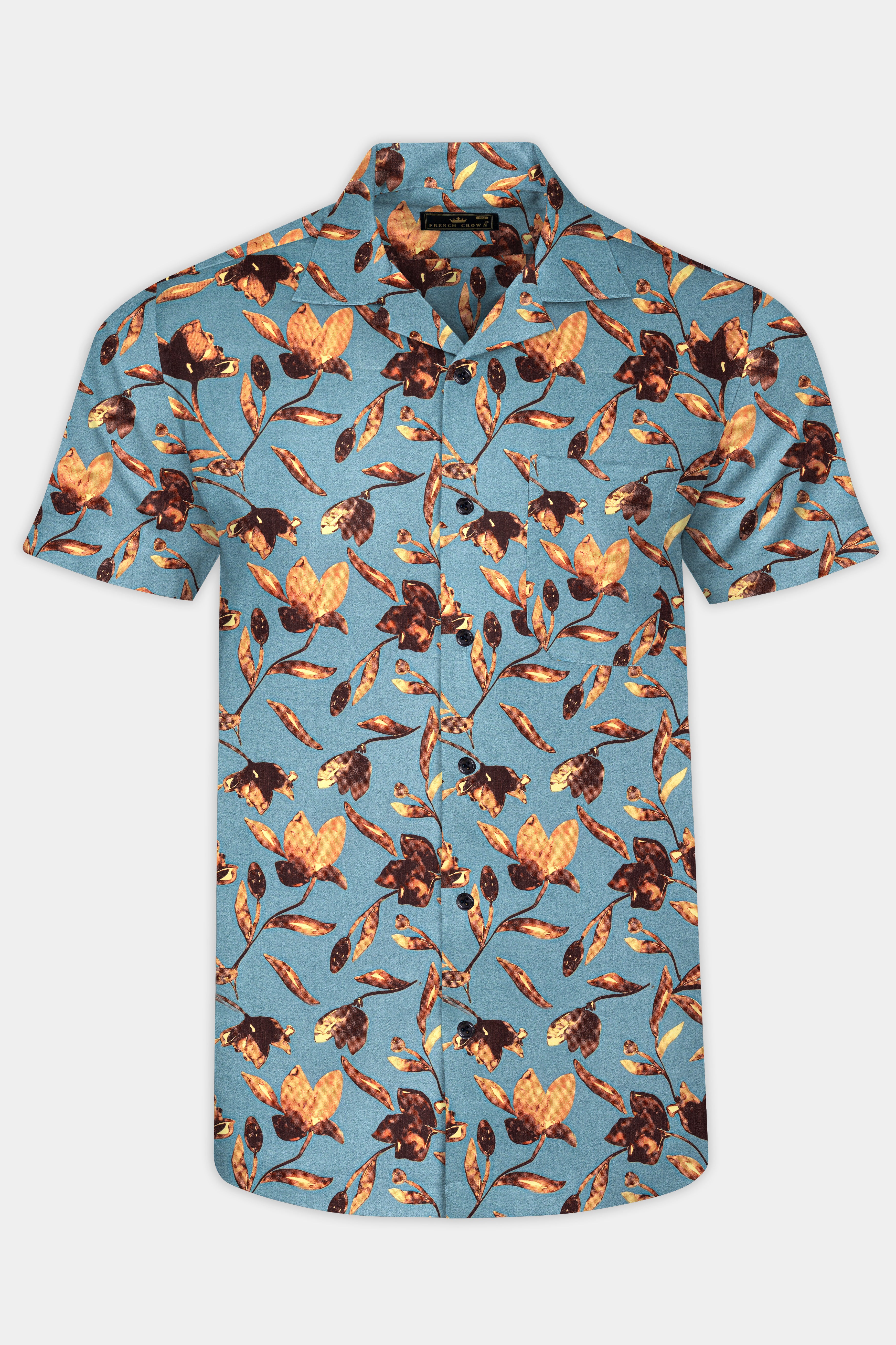 Cascade Blue and Tangerine Orange Floral Printed Subtle Sheen Super Soft Premium Cotton Shirt