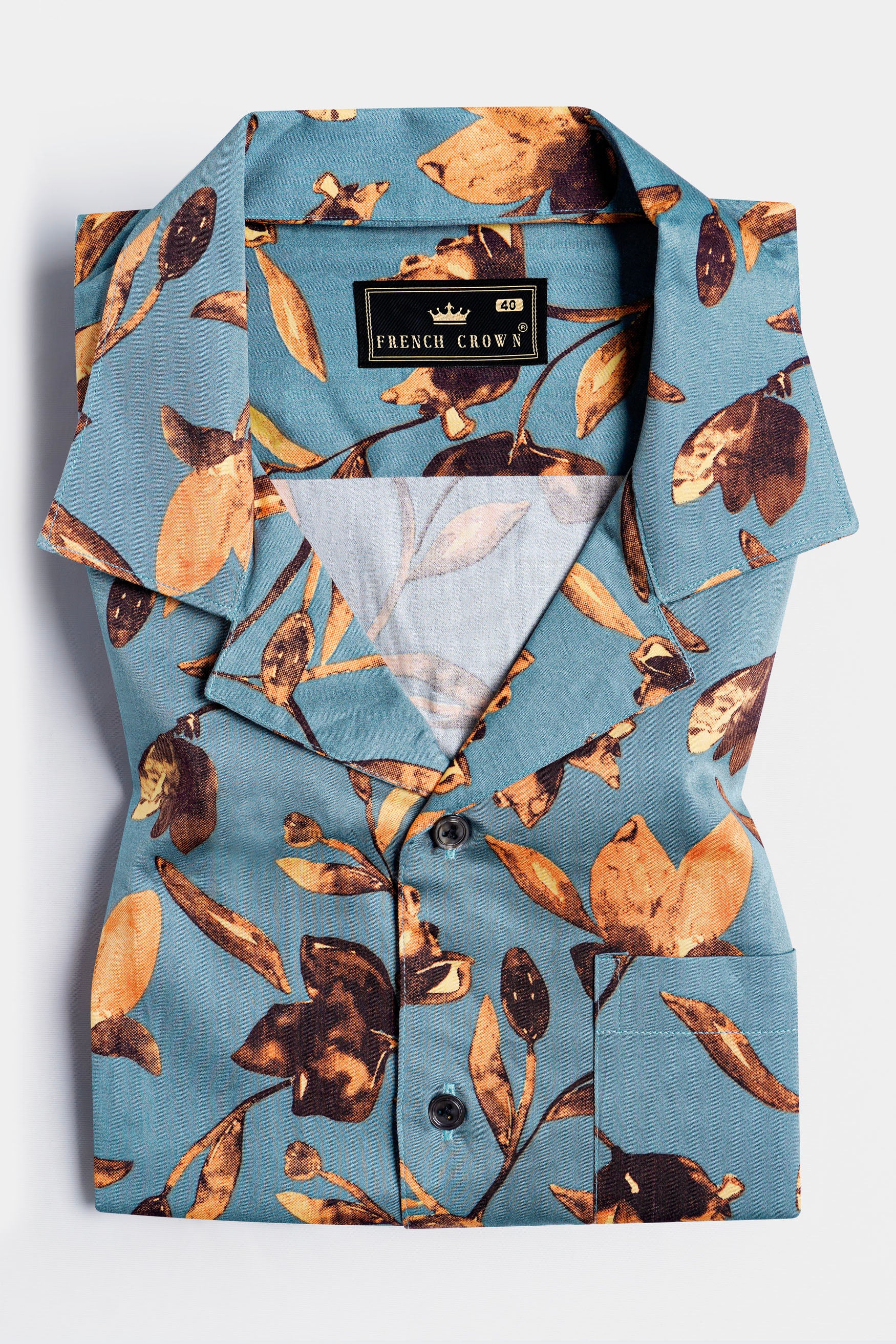 Cascade Blue and Tangerine Orange Floral Printed Subtle Sheen Super Soft Premium Cotton Shirt