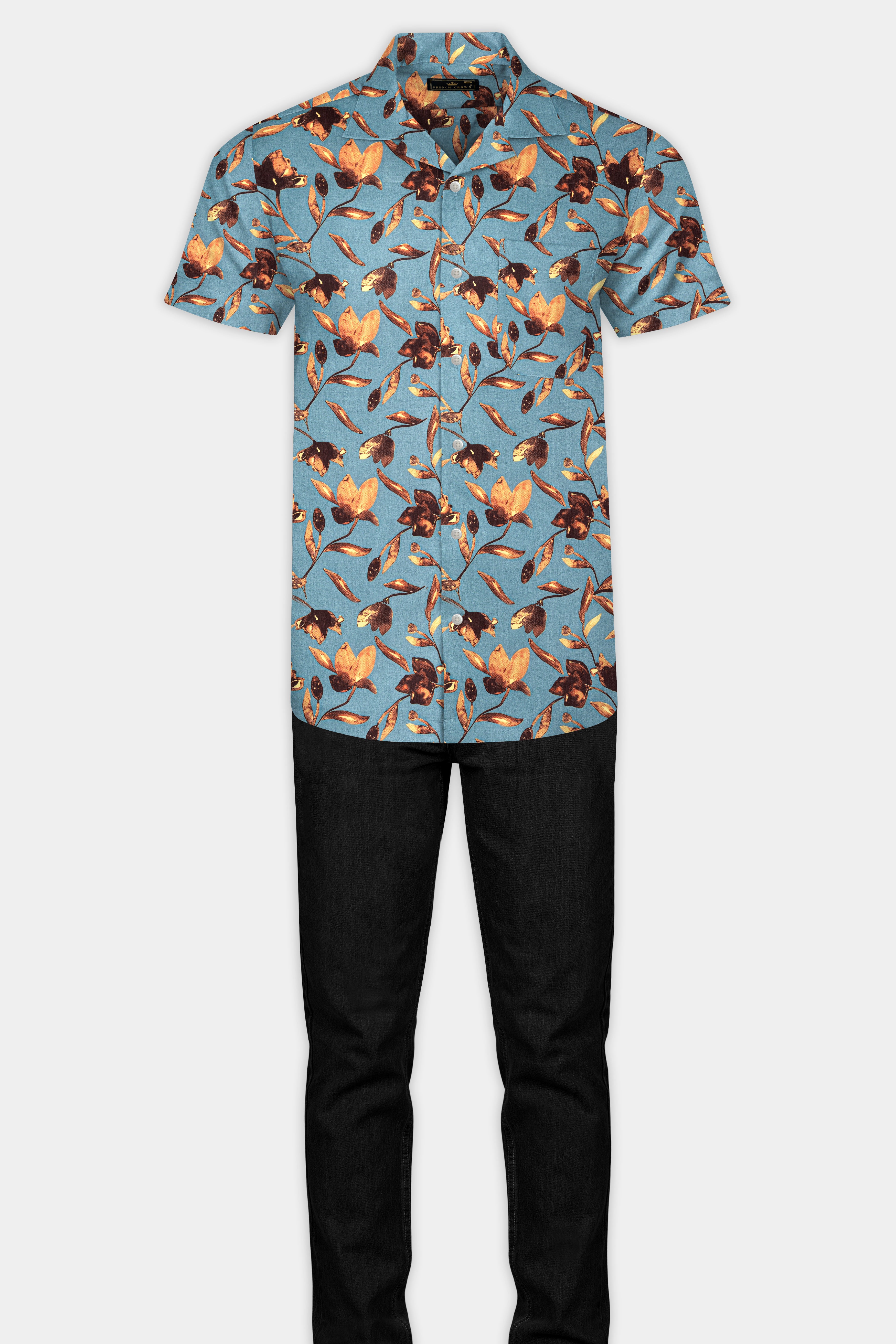 Cascade Blue and Tangerine Orange Floral Printed Subtle Sheen Super Soft Premium Cotton Shirt