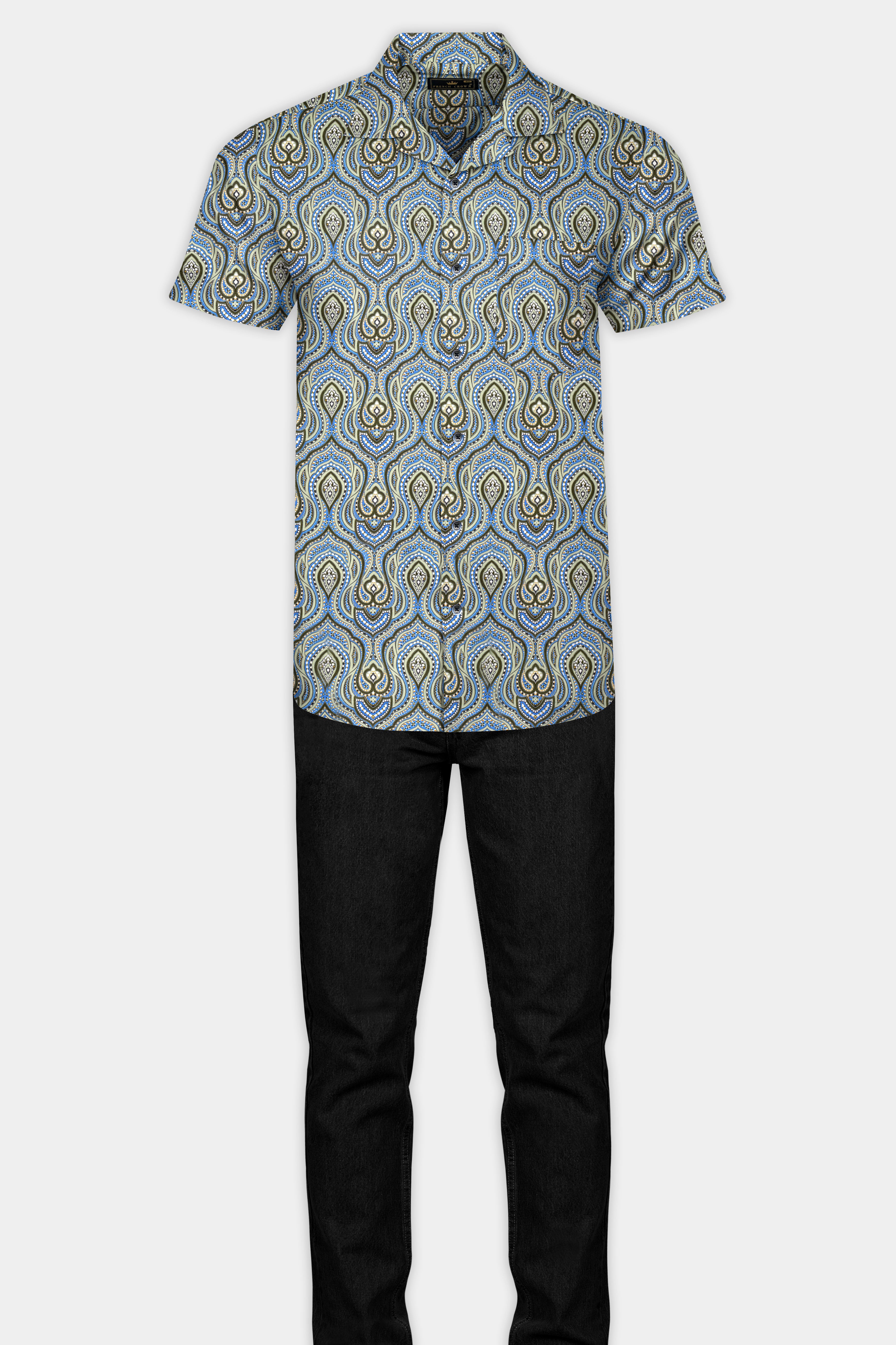 Taupe Green and Curious Blue Multicolour Ethnic Printed Subtle Sheen Super Soft Premium Cotton Shirt