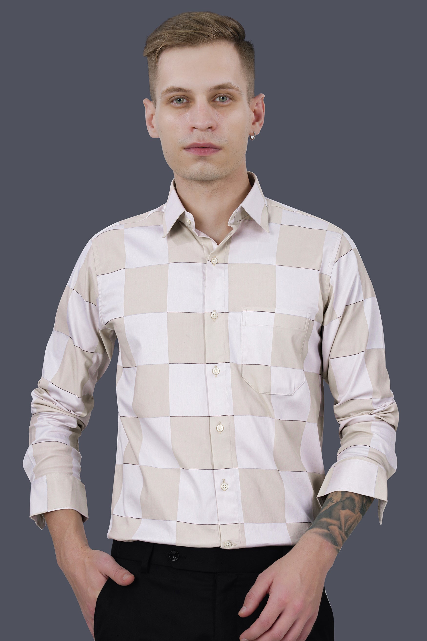 Timberwolf Cream and Quill Gray Checked Subtle Sheen Super Soft Premium Cotton Shirt 11748-38, 11748-H-38, 11748-39, 11748-H-39, 11748-40, 11748-H-40, 11748-42, 11748-H-42, 11748-44, 11748-H-44, 11748-46, 11748-H-46, 11748-48, 11748-H-48, 11748-50, 11748-H-50, 11748-52, 11748-H-52