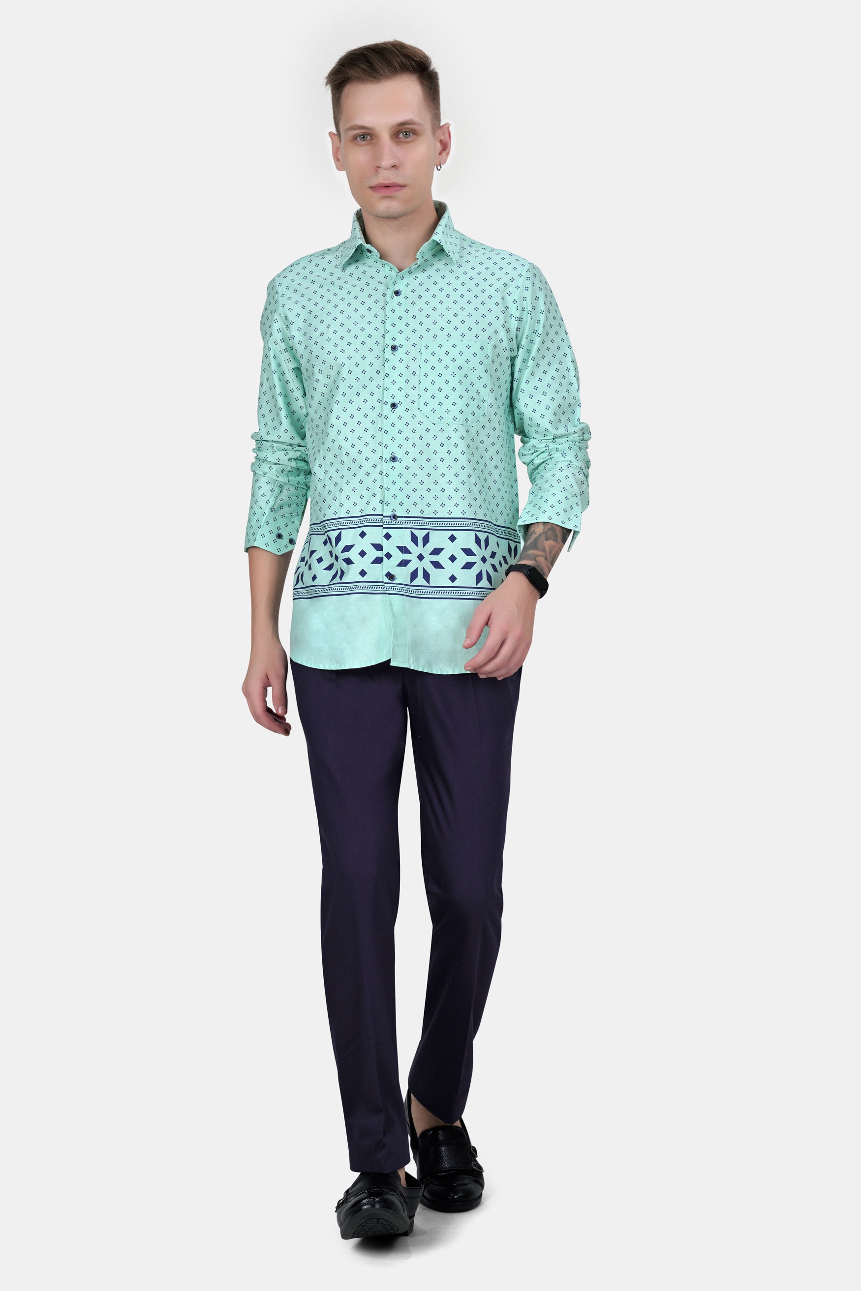 Montecarlo Green and Prussian Blue Block Printed Twill Premium Cotton Shirt