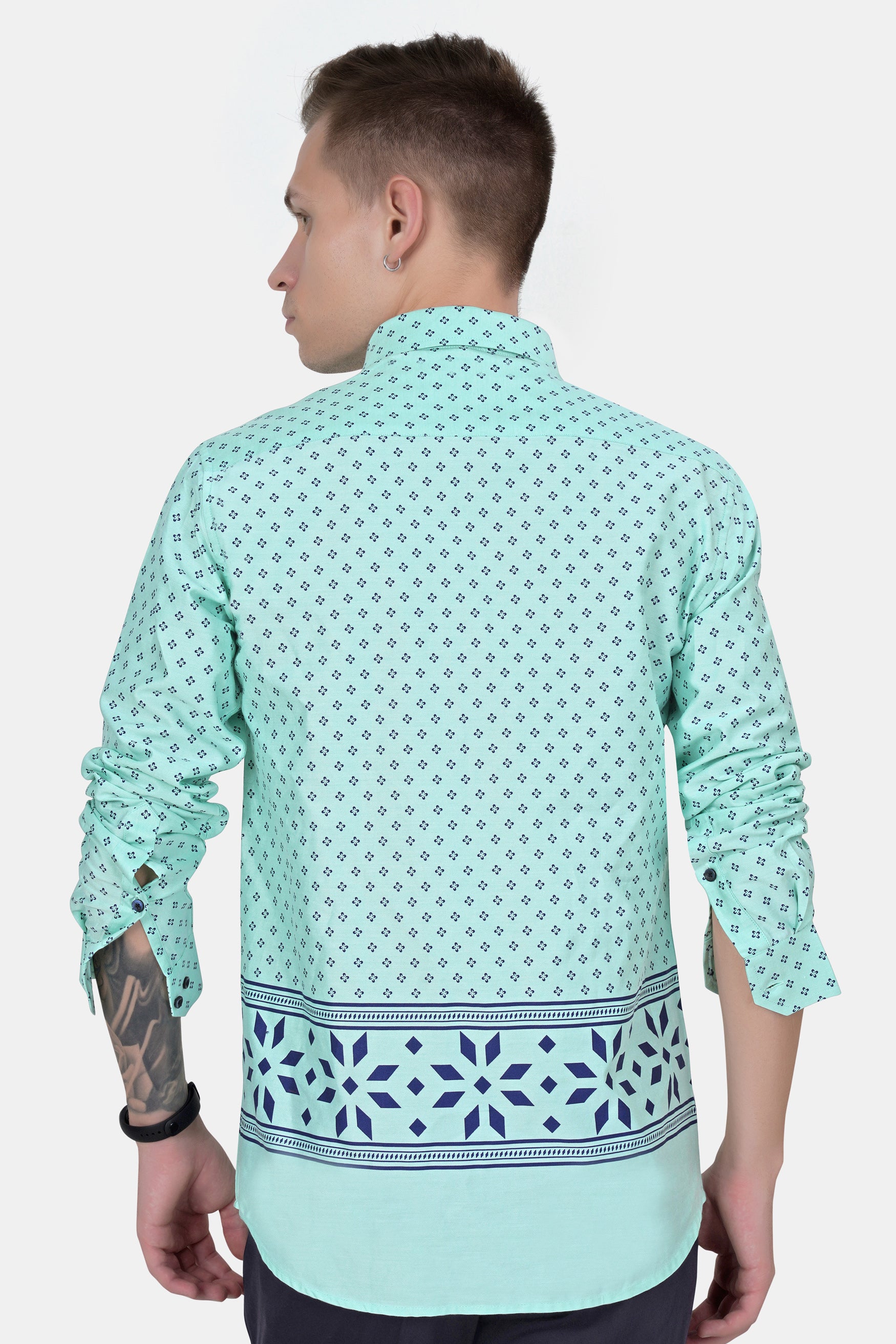 Montecarlo Green and Prussian Blue Block Printed Twill Premium Cotton Shirt