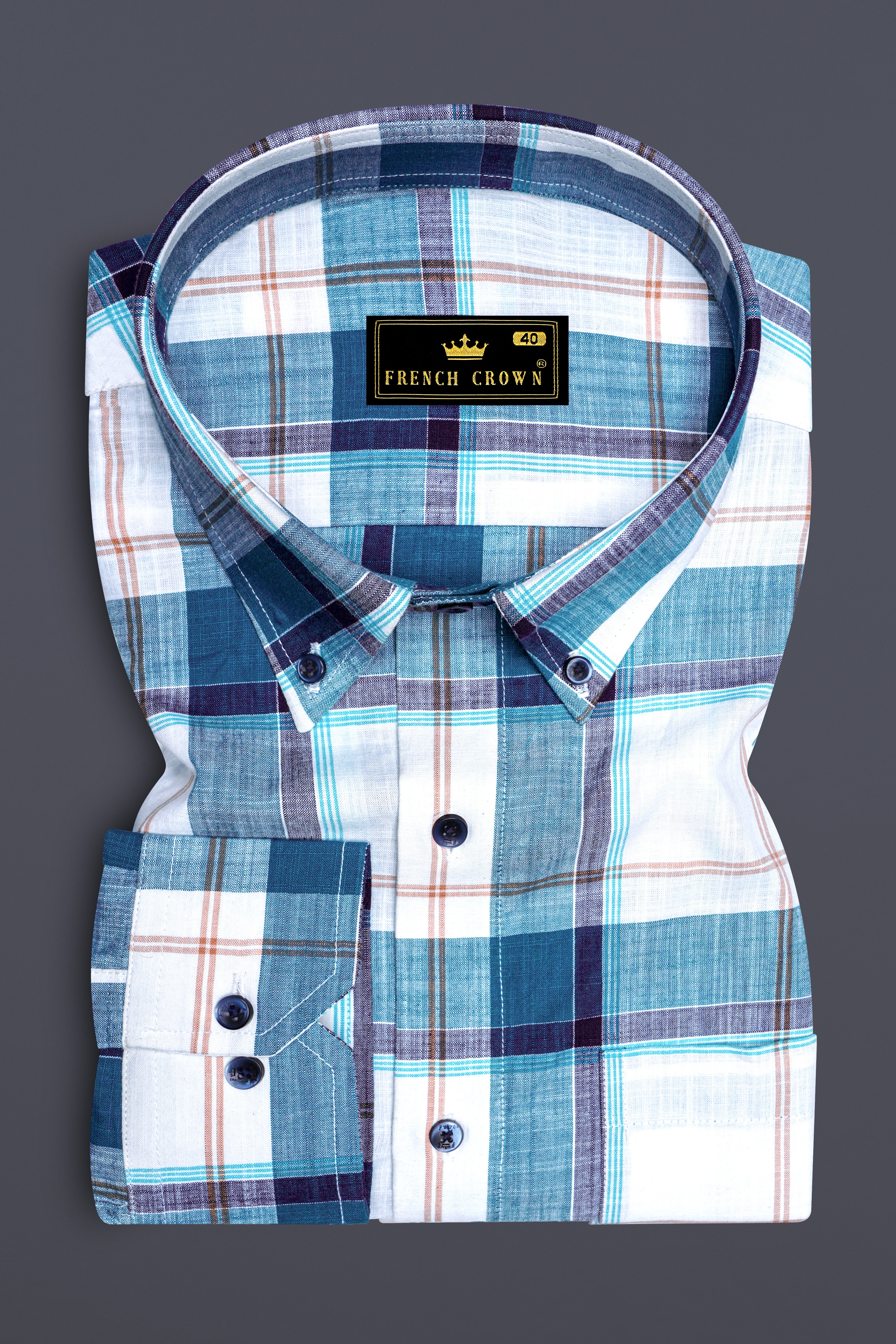Bright White with Chathams Blue and Desert Brown Plaid Chambray Shirt